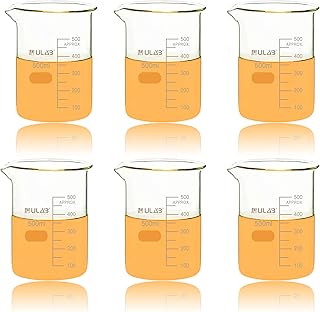 ULAB Scientific Glass Beakers, Vol. 500ml, 3.3 Borosilicate Griffin Low Form with Printed Graduation, Pack of 6, UBG1038
