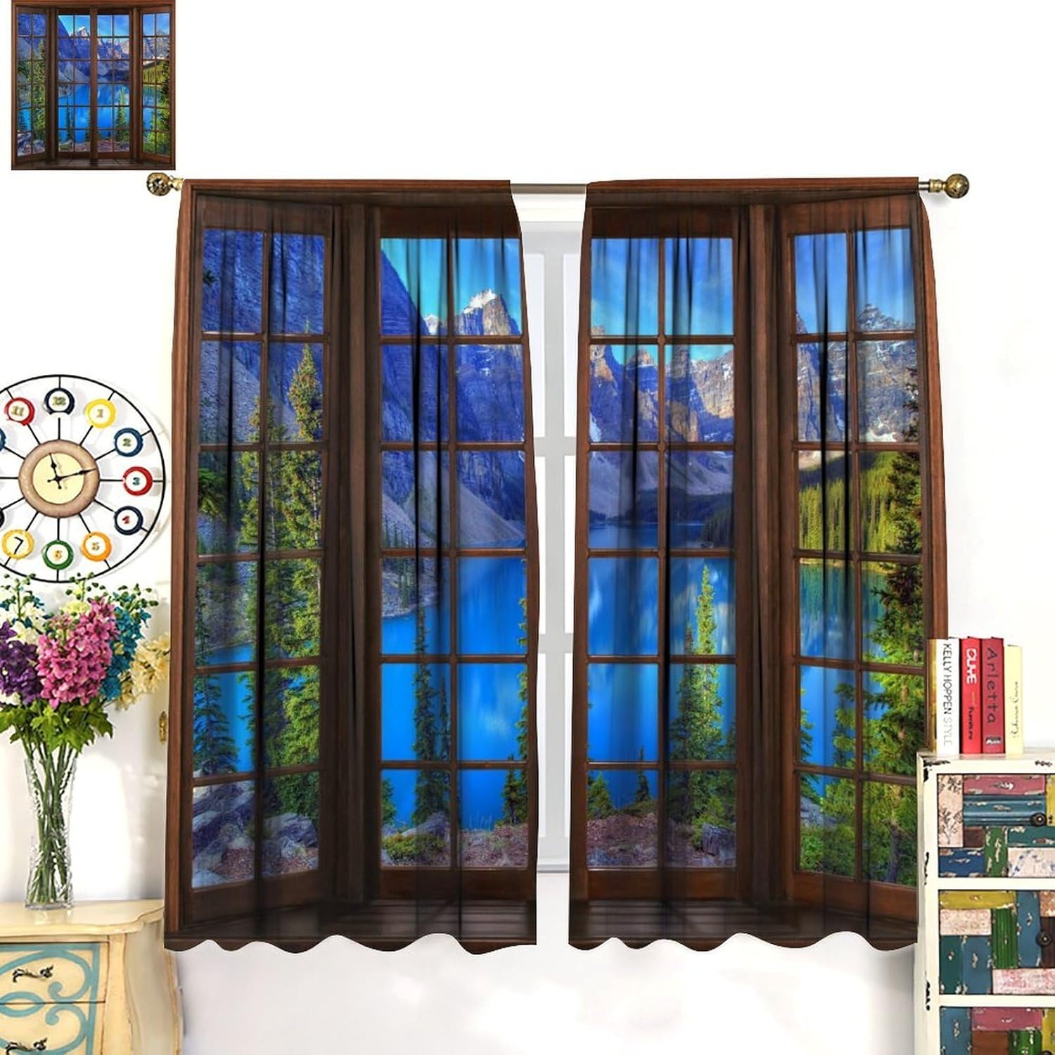 Nature Landscape Blackout Curtains for Kitchen Forest Tree River Mountain Scenery Scene Design Print Windows Treatments for Girls Bedroom Living Room Bathroom 42x63in