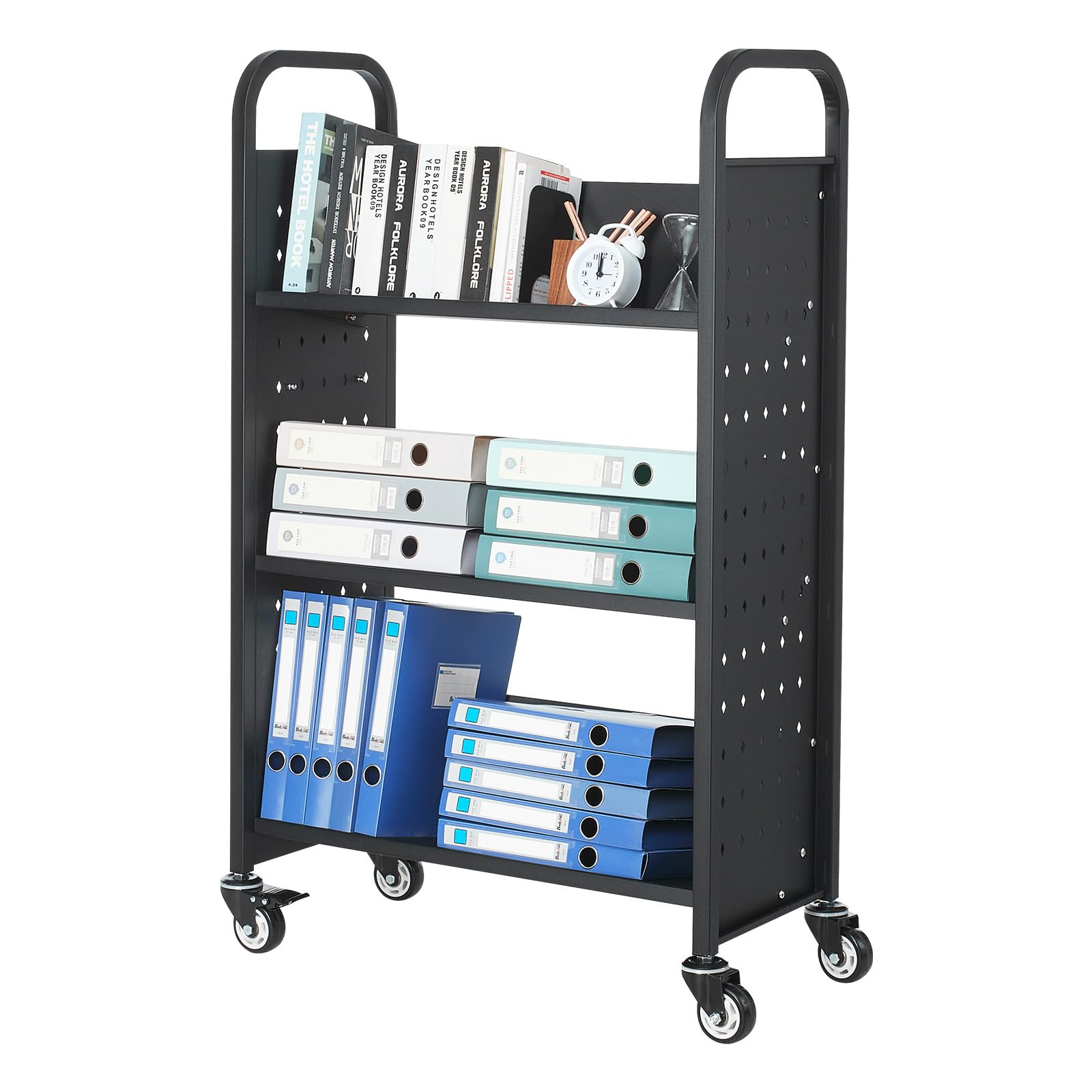 VEVOR Carro para Libros de 3 Niveles Estantería de Libros con Ruedas 77 x 38 x 122 cm Estante de Almacenamiento en Forma de V Carro Rodante para Biblioteca, Librería, Oficina, Escuela, Negro