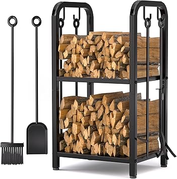 HONEST OUTFITTERS Firewood Rack Indoor, 2-Tier Firewood Rack Outdoor with 4 Pieces Fireplace Tools Set, Heavy Duty Log Wood Holder for Fireplace, Fire Pit, Wood Stove Black