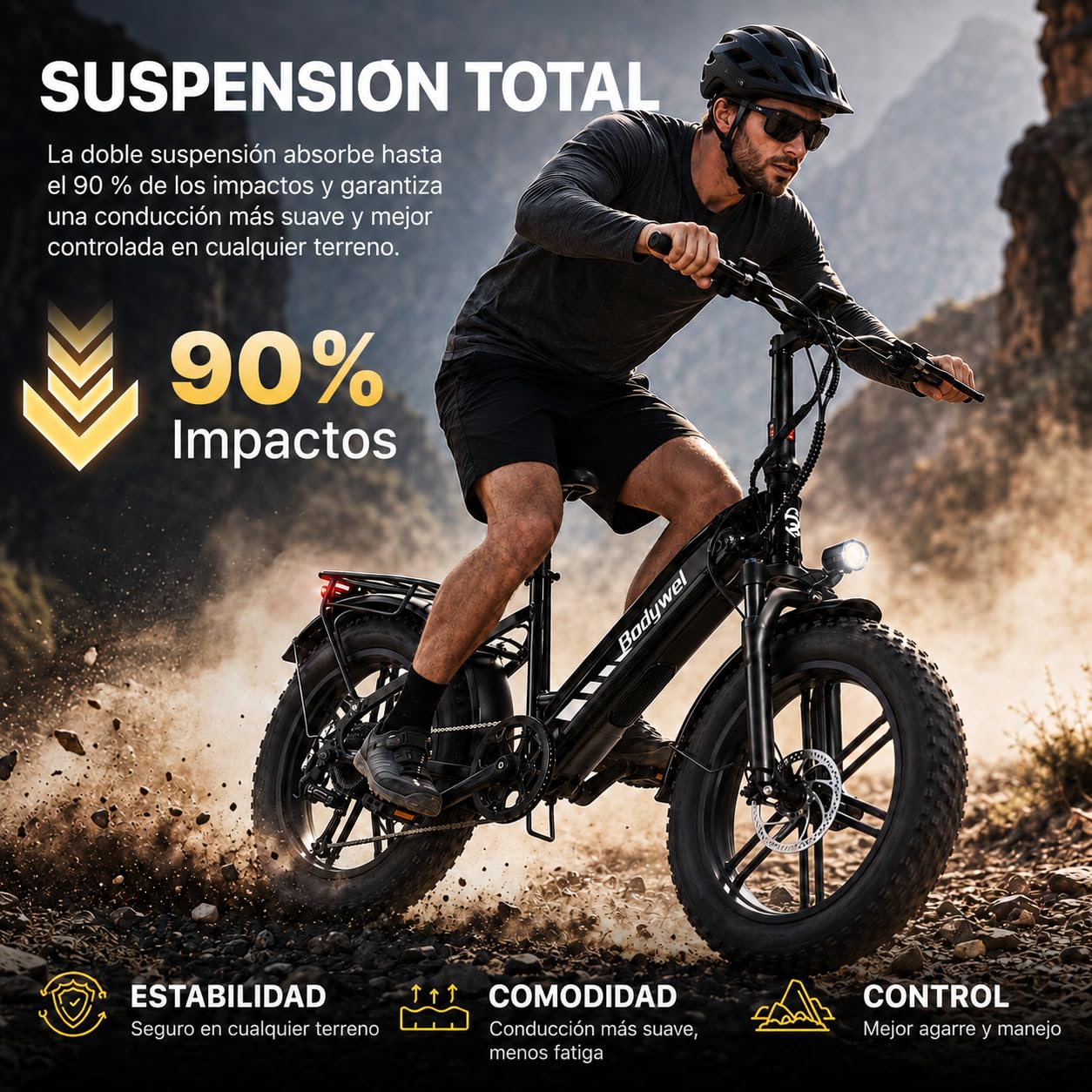 Bodywel F20Pro Bicicletas Eléctricas Adultos, 20x4.0” E-Bike Todo Terreno, Batería 48V 20Ah, Motor 250W, 7 Velocidades, Suspensión Ajustable, Frenos de Disco Doble