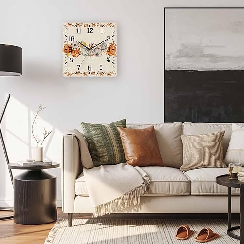 Miniatura 5 de Debedcor Thankgiving Pumpkins Wooden Wall Clock Silent Non Ticking, Fall Leaf Autumn Pumpkin Square Wall Clock Battery Operated, Decor Clock for