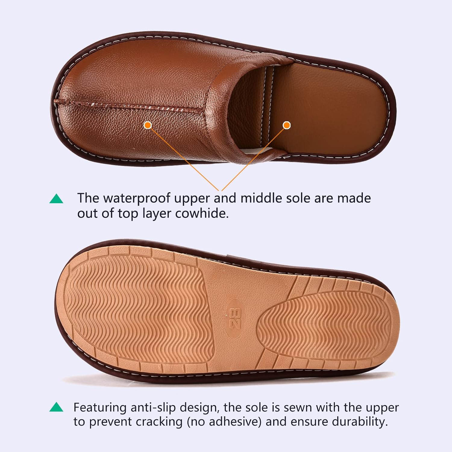 Men’s Genuine Cowhide Leather Slippers, Breathable Leather Soft Smooth Sole Bedroom Flat Shoes House Slippers Indoor Outdoor