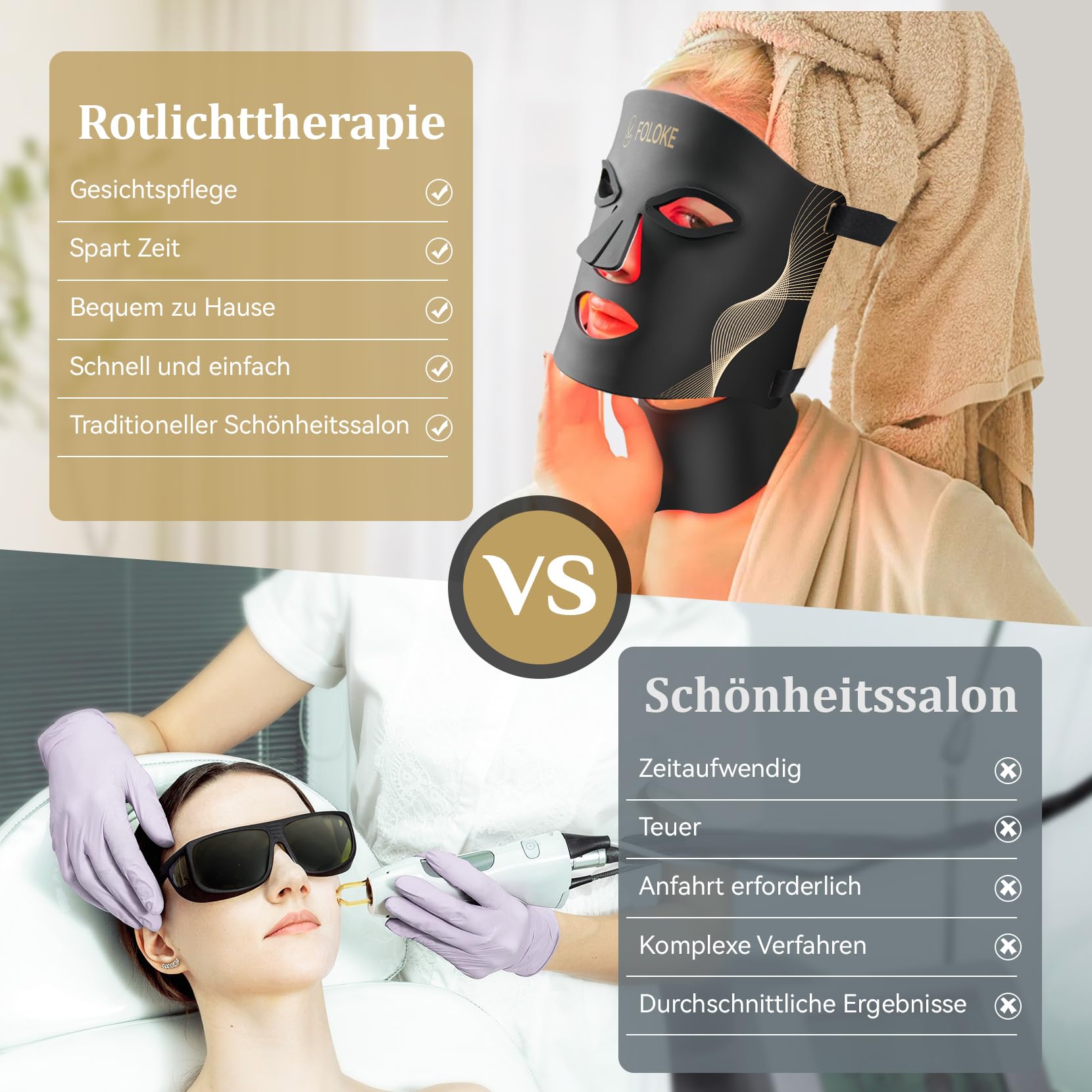 FOLOKE LED Maske Gesicht -LED Lichttherapiemaske für die Gesichtspflege, 7-farbige Lichtwellen, rote Lichtmaske für Gesicht und Hals, rot – 5 Helligkeitsstufen, rote Lichtmaske für zu Hause