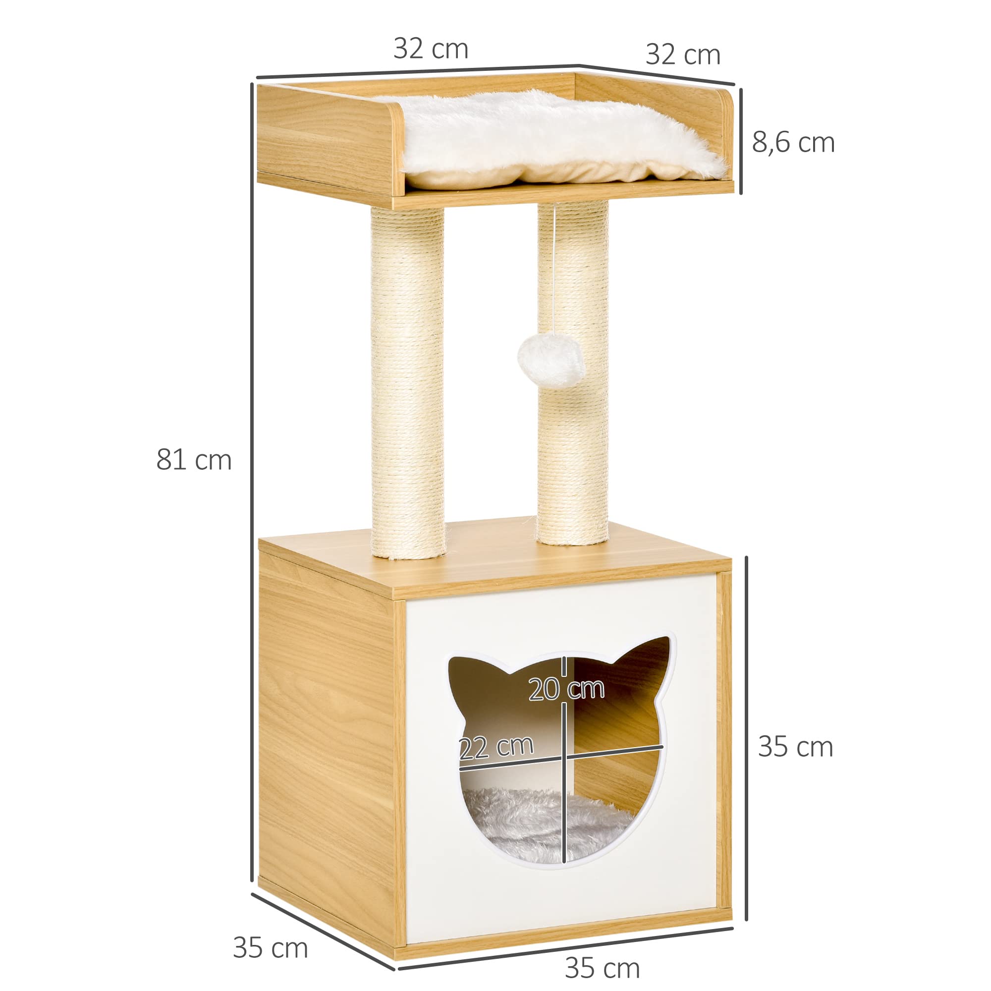 PawHut Drapak dla kota drzewo do wspinaczki domek dla kota górna platforma wisząca kula wysokość 81 cm