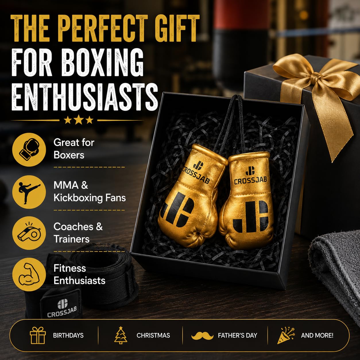 Boxe Mini Voiture Suspendu Gants de Boxe Miniature avec Lacets pour Rétroviseur ou tout autre endroit (Doré)
