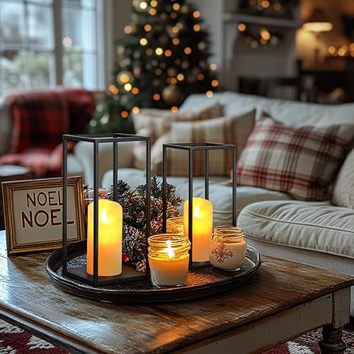 Miniatura 2 de Eufrozy Lanterns - Juego de 2 portavelas decorativos para interiores, farol de metal negro, decoración moderna de farol de granja para Navidad, sala