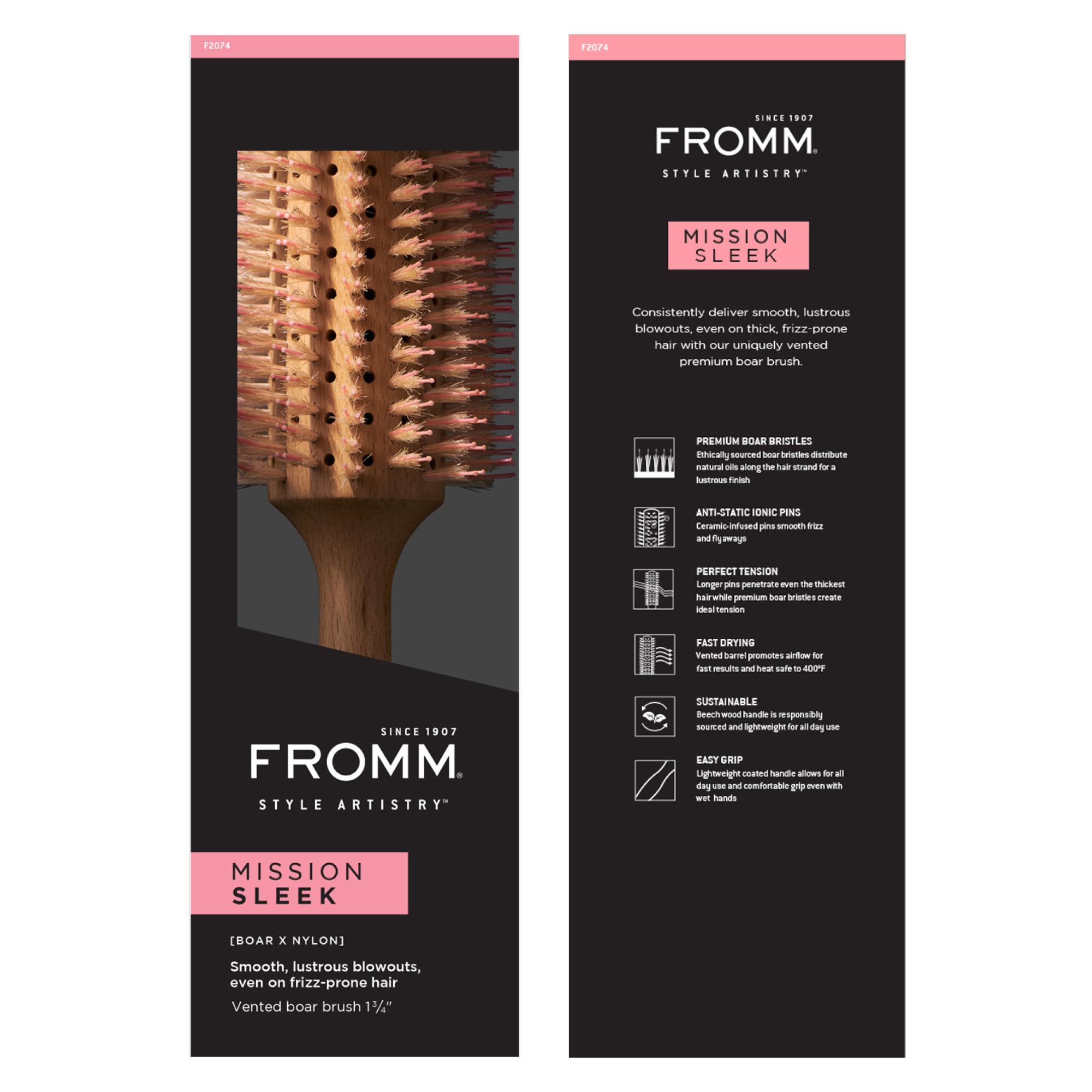 Fromm Mission Sleek - Cepillo de jabalí redondo ventilado para soplados suaves y brillantes incluso en cabello propenso al encrespamiento, cepillo de pelo con jabalí natural para peinar, alisar,