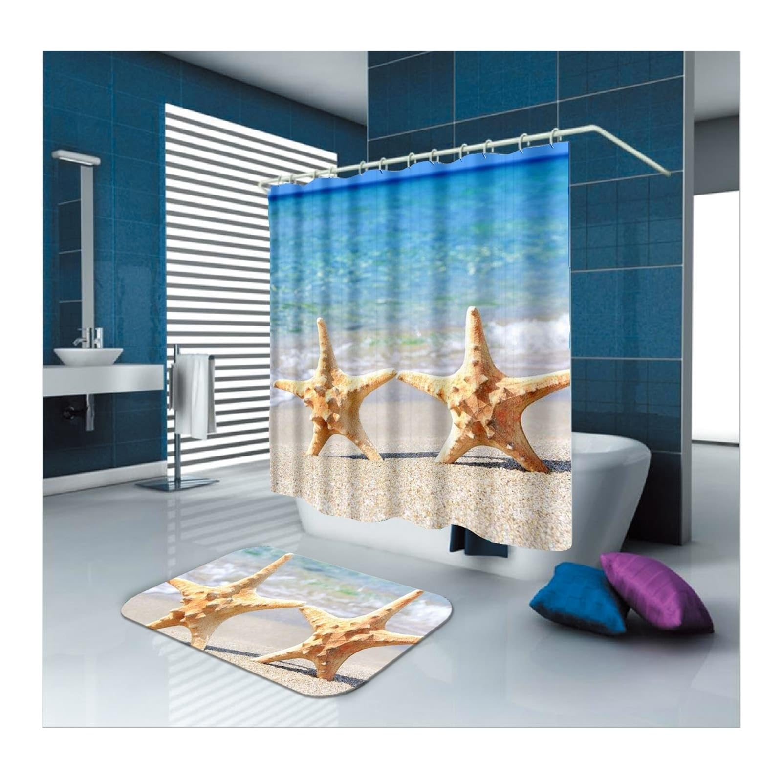 Rideau de douche 120x180 cm bleu marron étoile de mer en polyester