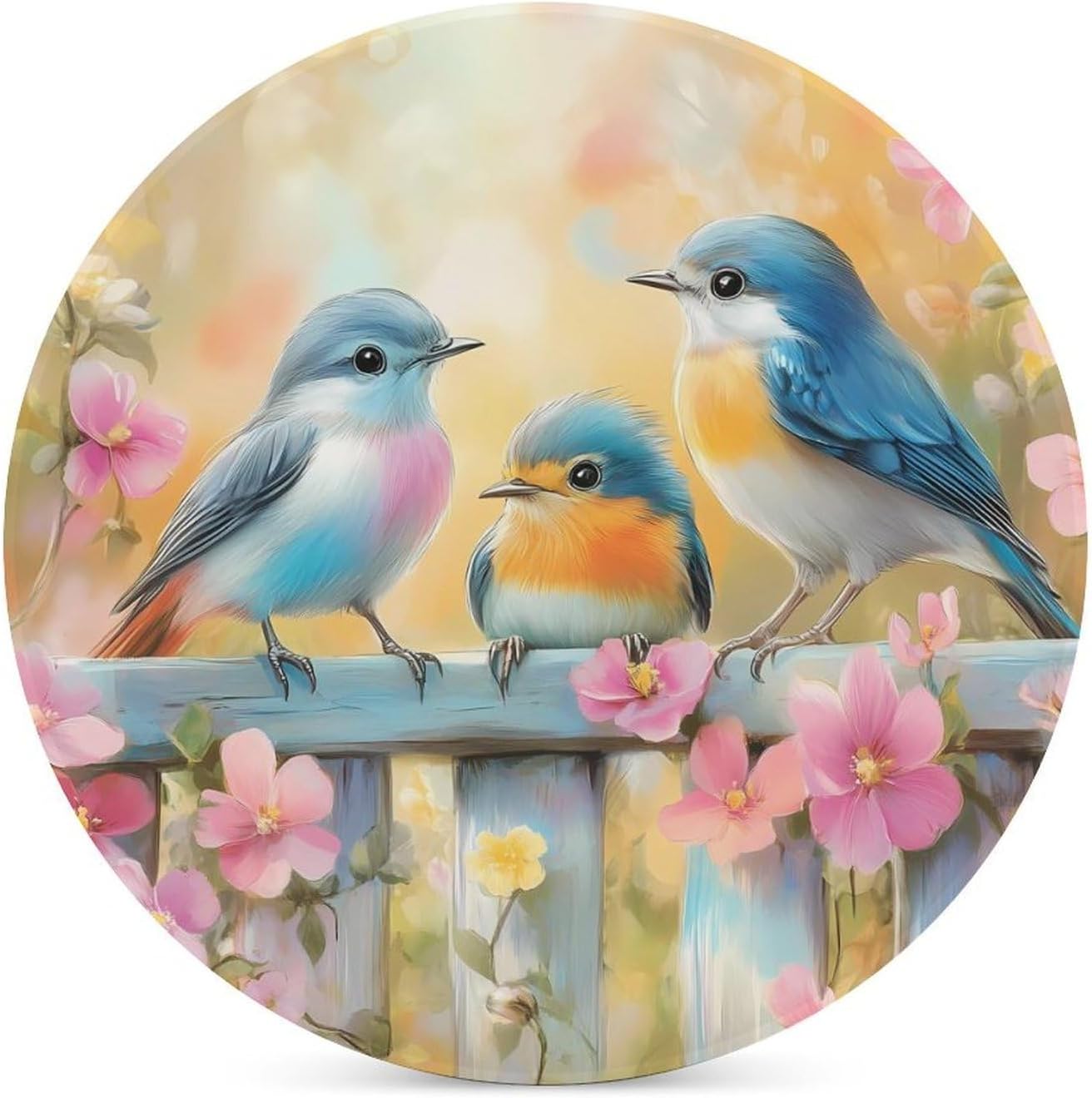 Blue Birds Coasters for Drink Round Ceramic Coaster with Cork Base Home Decorative 4PCS