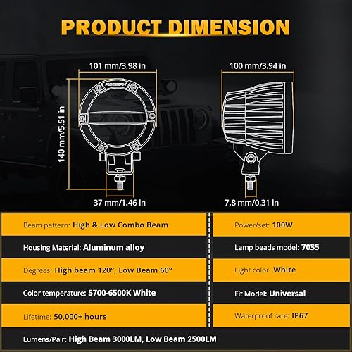 Miniatura 8 de Auxbeam Cápsulas de luz LED redondas de 100 W de 4 pulgadas con haz HiLoCombo, luces redondas de carretera impermeables, cápsula de luz LED