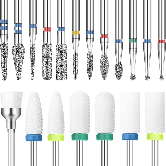 19 Pieces Nail Drill Bits Set Acrylic Nail Bits Ceramic Efile Nail Drill Bit Diamond Cuticle Electric Nail File Carbide Cuticle Remover Bits for Home Salon Acrylic Gel Nail Manicure Pedicure Tools