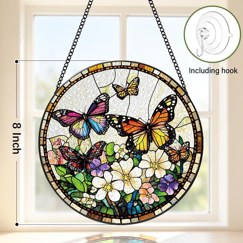Stained Glass Butterfly Suncatcher Window Hanging - 8 Inch Flowers Sun Catchers Indoor Wall Art Garden Decorations - Handmade Suncatchers for Windows Hanging - Christmas Birthday Gifts for Women Mom