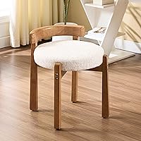 HEAH-YO Mid-Century Modern Wood Vanity Chair with Back, Chenille Upholstered Ottoman Footstool, Beige Makeup Stool for Bedroom Living Room