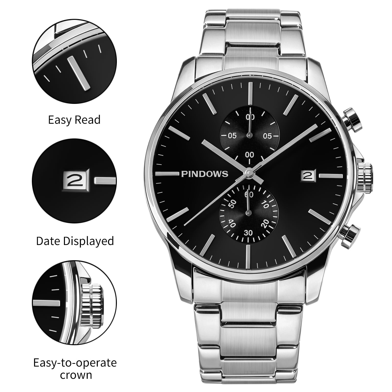 PINDOWS Orologi da uomo, moda, minimalista, business, robusto, acciaio inossidabile, impermeabile, cronografo, orologio al quarzo con datario automatico