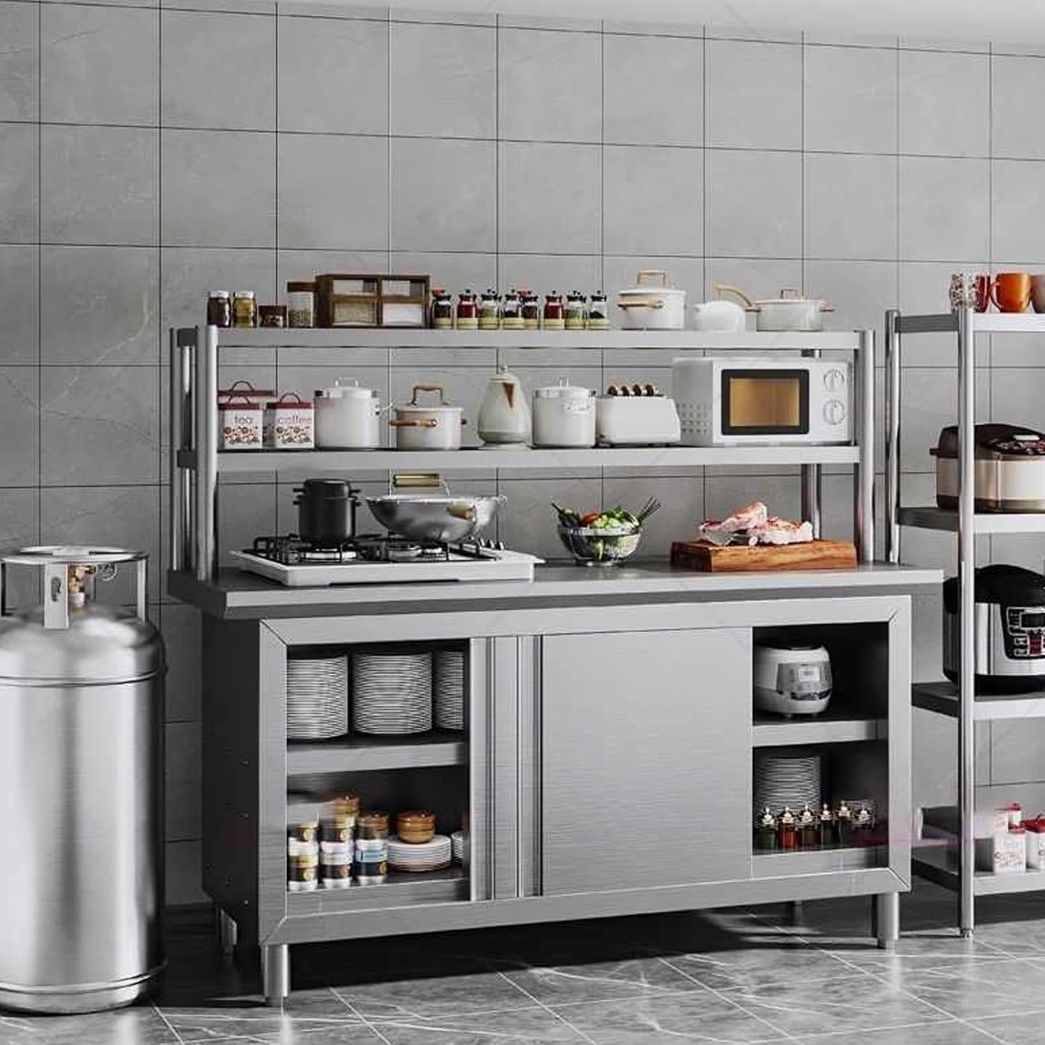 All-Stainless Steel Commercial Work Table with Double Door Storage Cabinet & Overshelves, Kitchen Prep Table for Home, Restaurant, Garage, Outdoor Use (80x50x80cm)