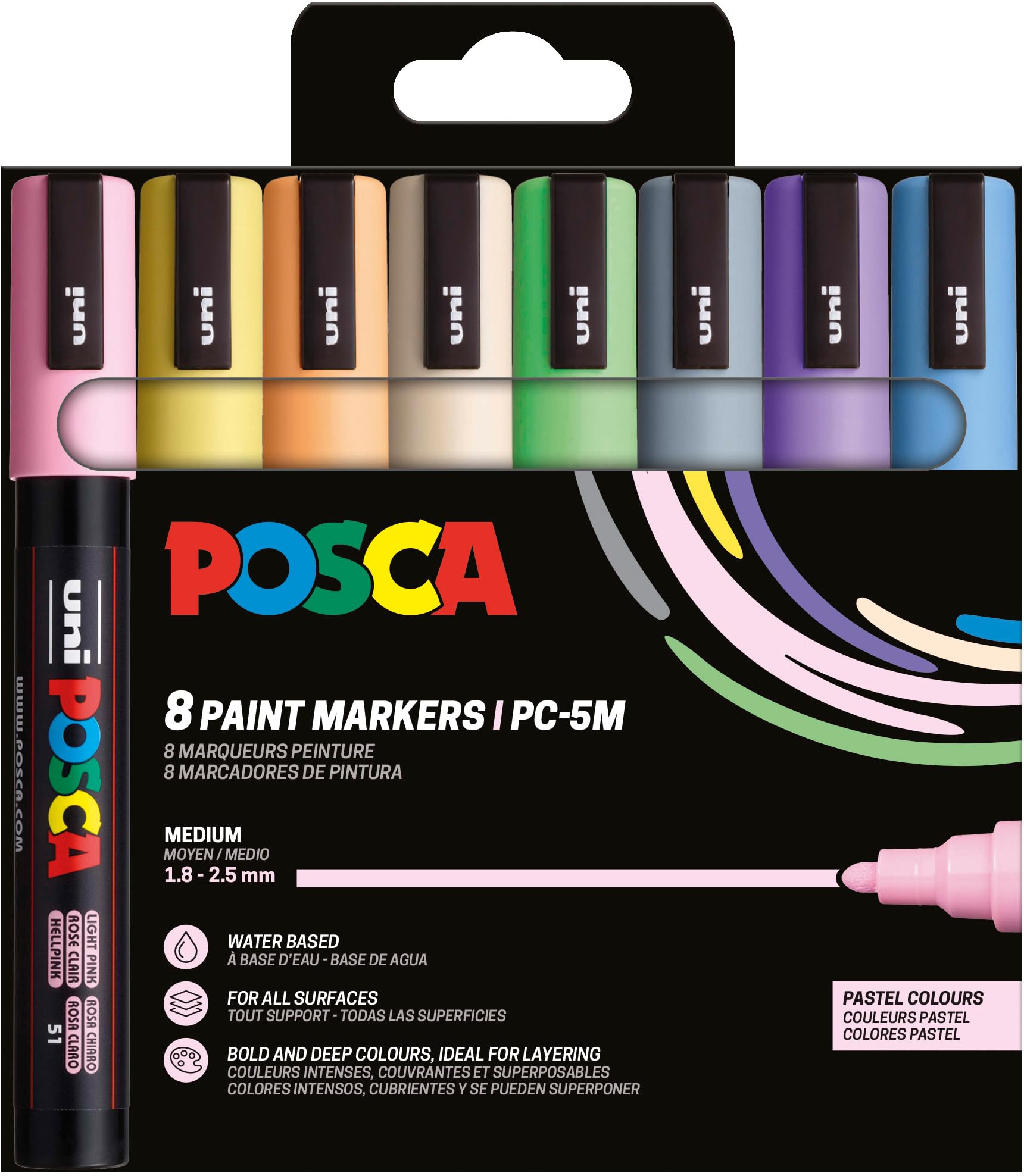 POSCA 182556 - Set de rotuladores POSCA, 8 rotuladores acrílicos pastel PC-5M, rotuladores permanentes con punta redonda de 1,8-2,5 mm