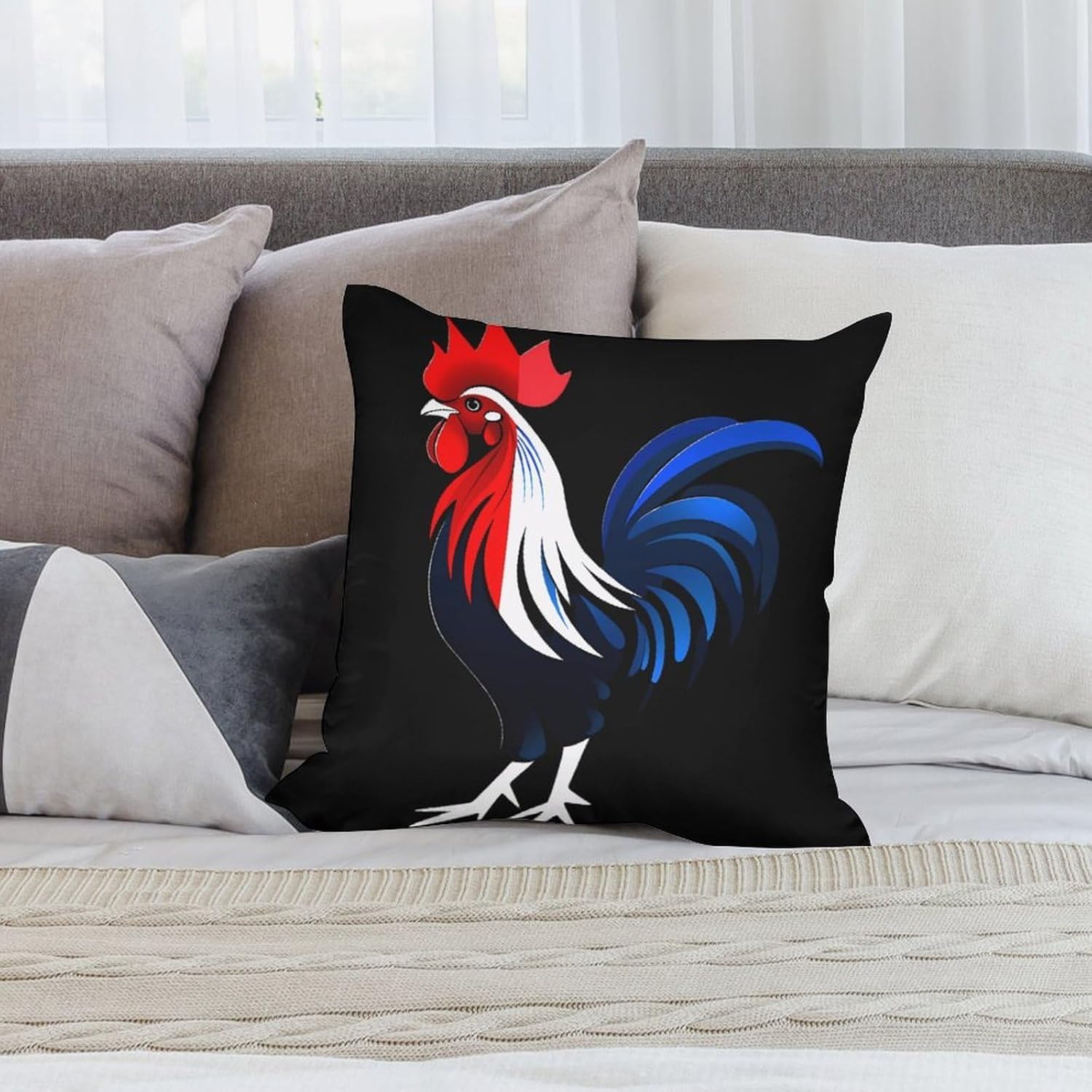 French Flag Color Rooster Printed Throw Pillow Case 4 Pcs Soft Pillowcases Pillows Covers Sofa Bed Decor 12/14/16/17/18/20/22/24/32 Inches