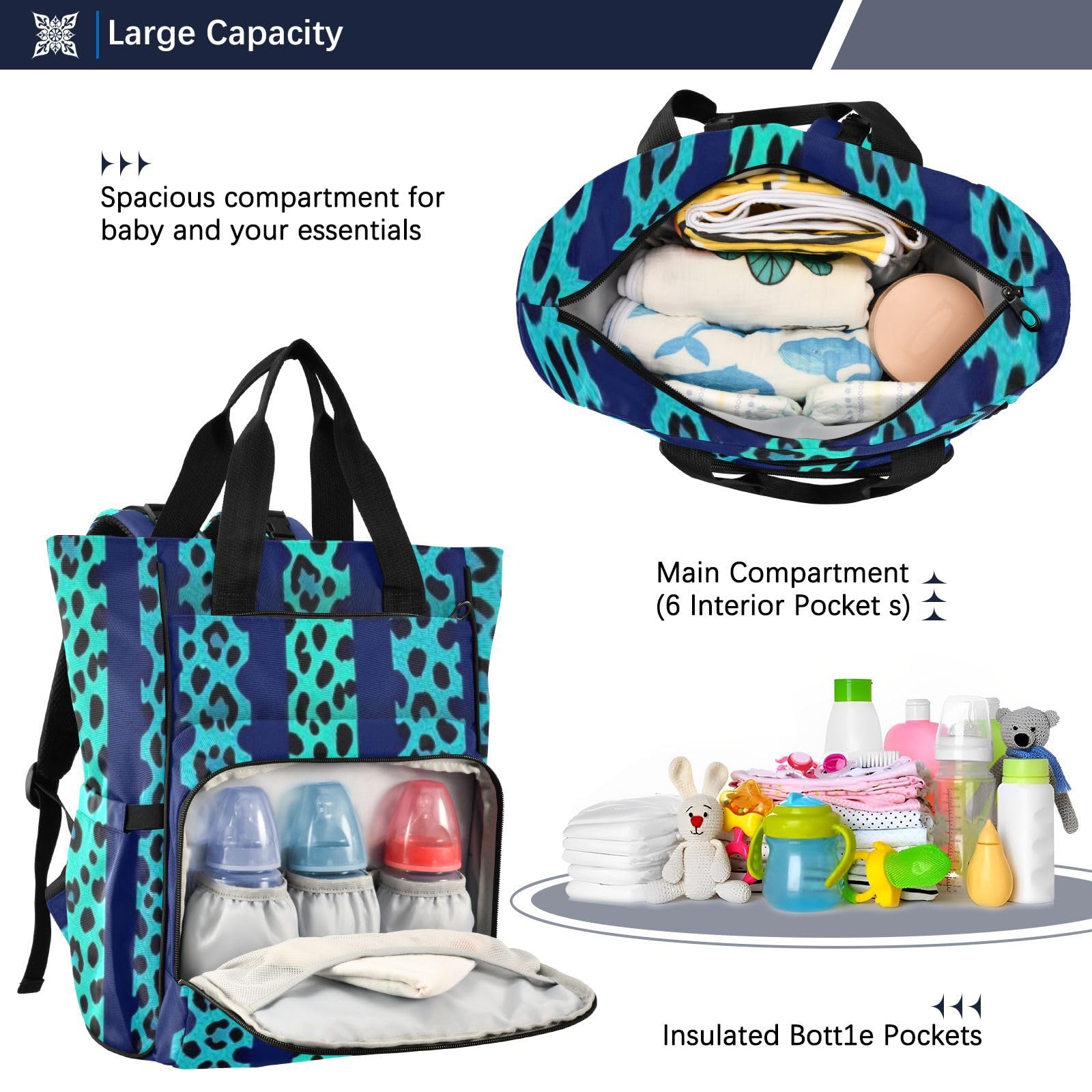 Borsa per pannolini zaino da donna Neon Teal Blue Leopard Print