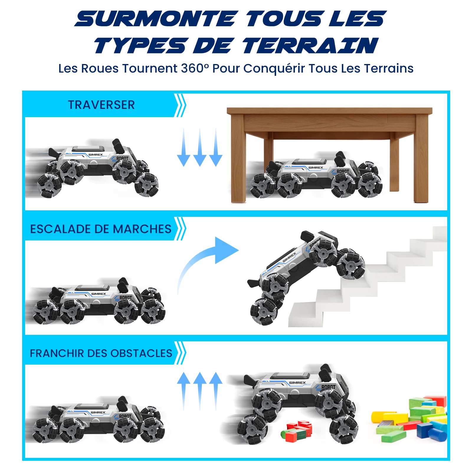 SIMREX Chien Robot télécommandé 6+ Ans, Voiture RC cascadeuse à Yeux LED et Commande gestuelle. Cadeau Anniversaire Filles/garçons. Robot interactif à Roues Mecanum et 3 Sons, argenté