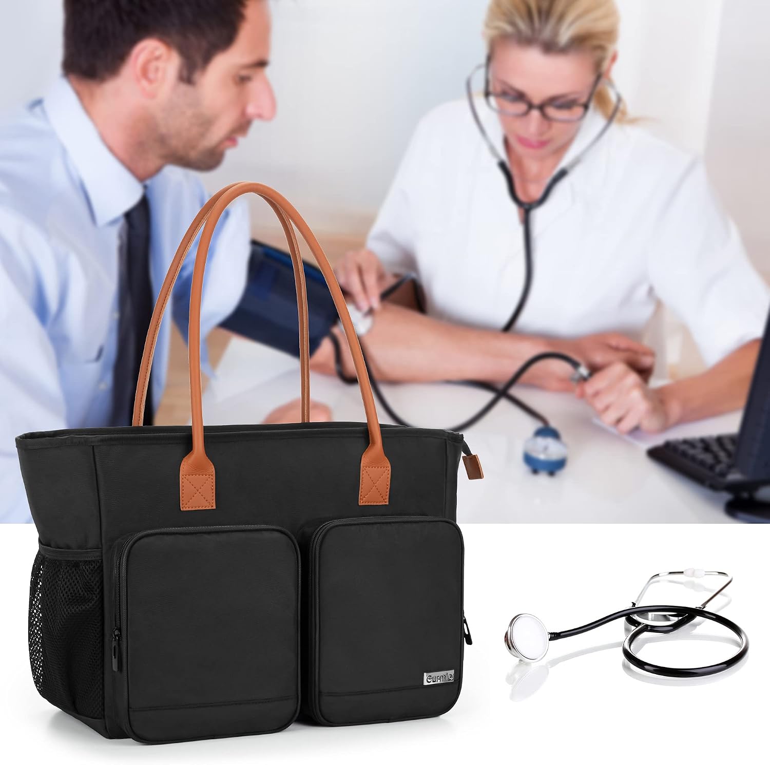 CURMIO Nurse Tote Bag, Portable Medical Bag with Padded Laptop Sleeve for Nursing Work, Home Visits, Health Service, Black (Bag Only)