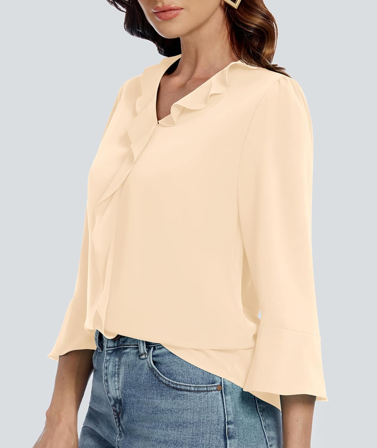 Funlingo Womens 3/4 Length Sleeve Tops V Neck Dressy Casual Blouses Tunic Trendy Business Office Ruffle Work Shirts - Image 2