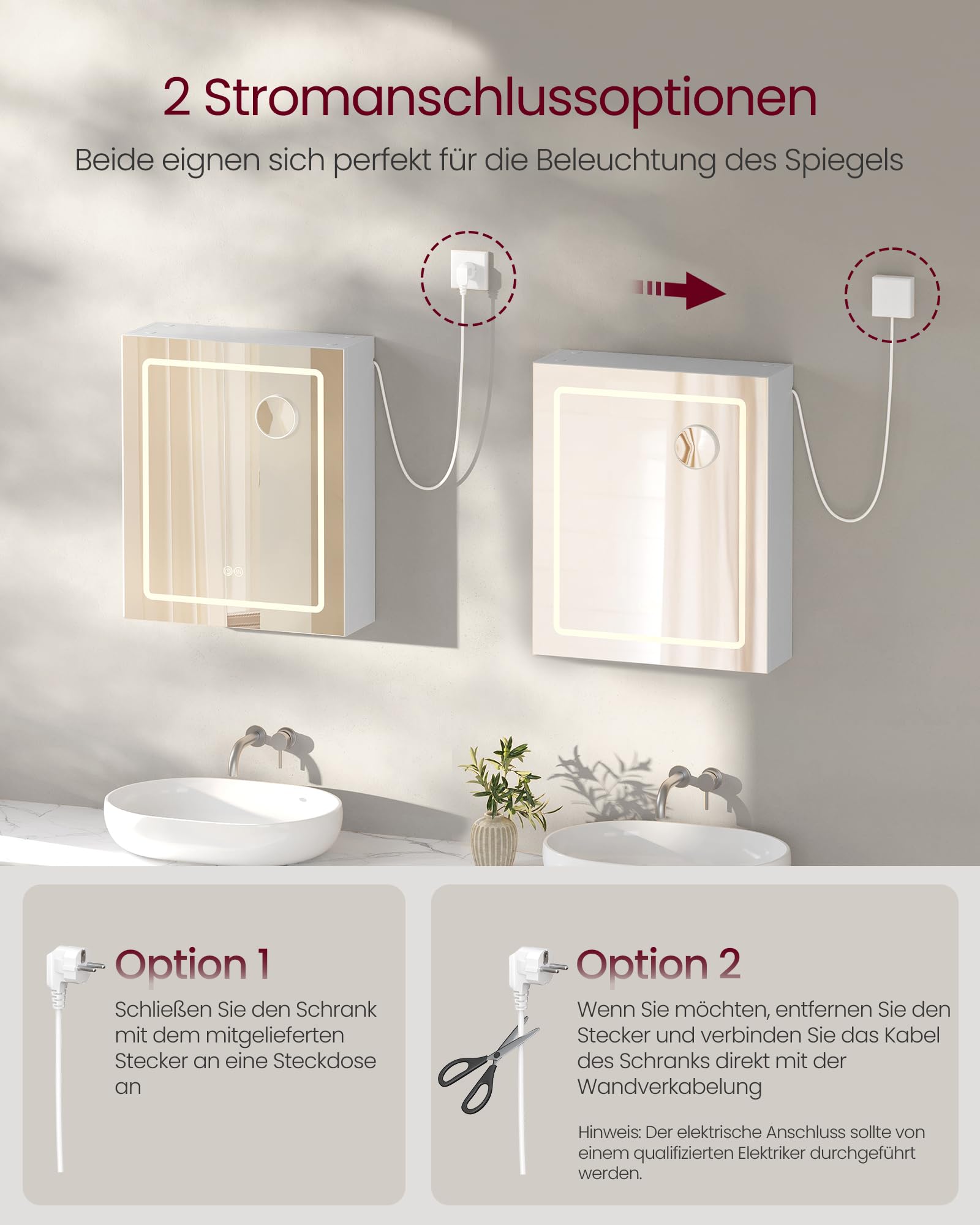 VASAGLE Kailyn Kollektion - Spiegelschrank mit Beleuchtung, 16,5 x 50 x 60 cm, Badezimmerschrank, Wandschrank, Steckdosenleiste, Entfogging-Funktion, 10x Vergrößerungsspiegel, modern, weiß BBK133W01