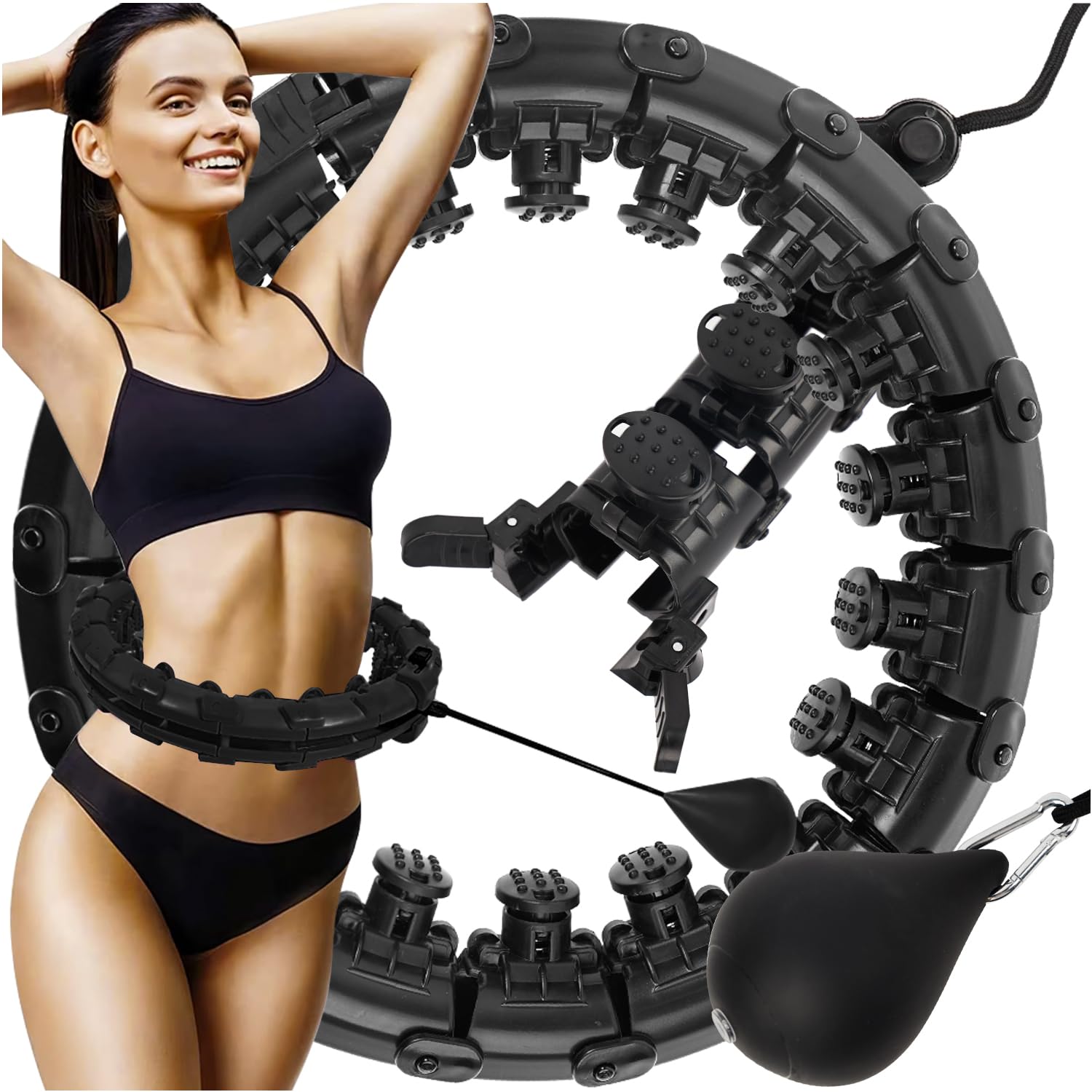 TRIZAND Hula Hoop mit Gewicht & Massage-Noppen – 24 Segmente, verstellbarer Umfang 30–42 cm, 6-Rad-Rolle, anpassbares Gewicht