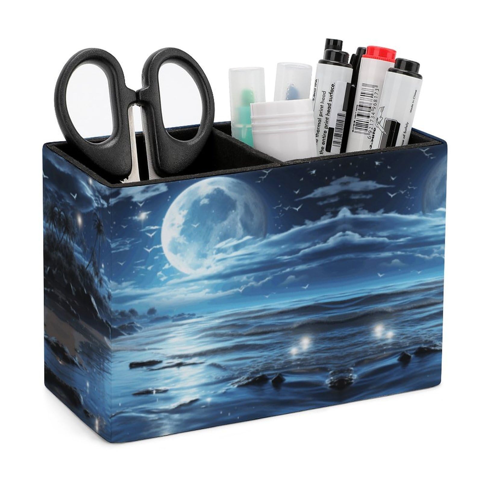 LZQPOEAS Exquisite Patterns PU Leather Pen Holder, Multifunctional Desktop Organizer Caddy with 2 Compartments, Moon Over Ocean Pencil Cup Makeup Brush Holder for Office Home