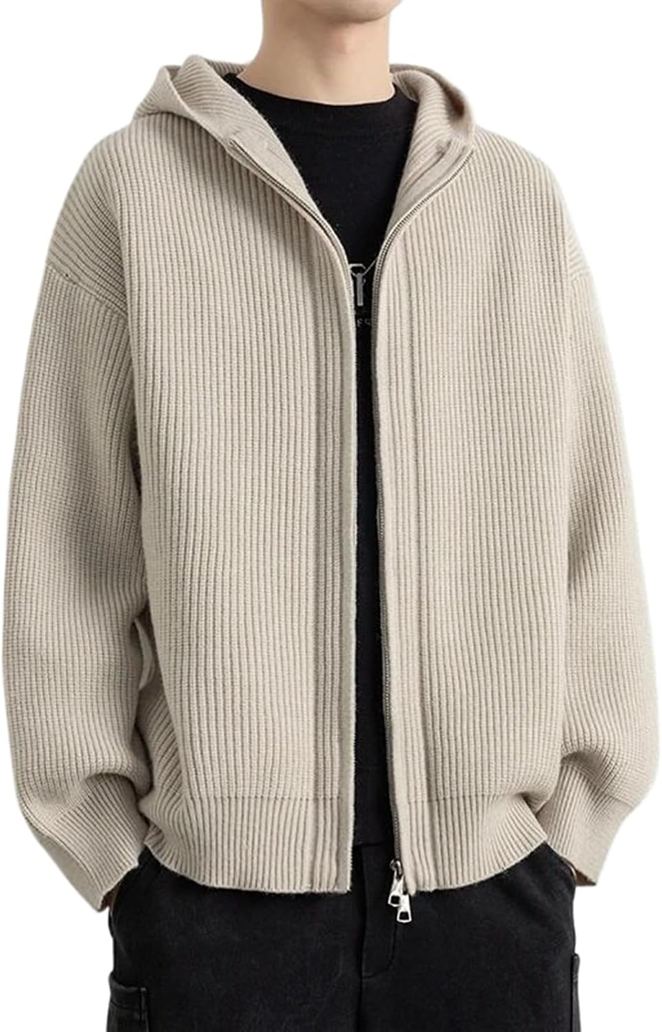 Hooded Zipper Sweater Men Autumn Winter Loose Couple Knitted Cardigans Solid Color Casual Knit Sweatercoat