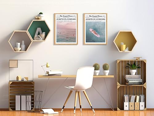 Miniatura 5 de 2 piezas de lienzo de playa rosa de moda, arte de pared, diseño de vaquera costera, decoración estética, póster de tabla de surf occidental,