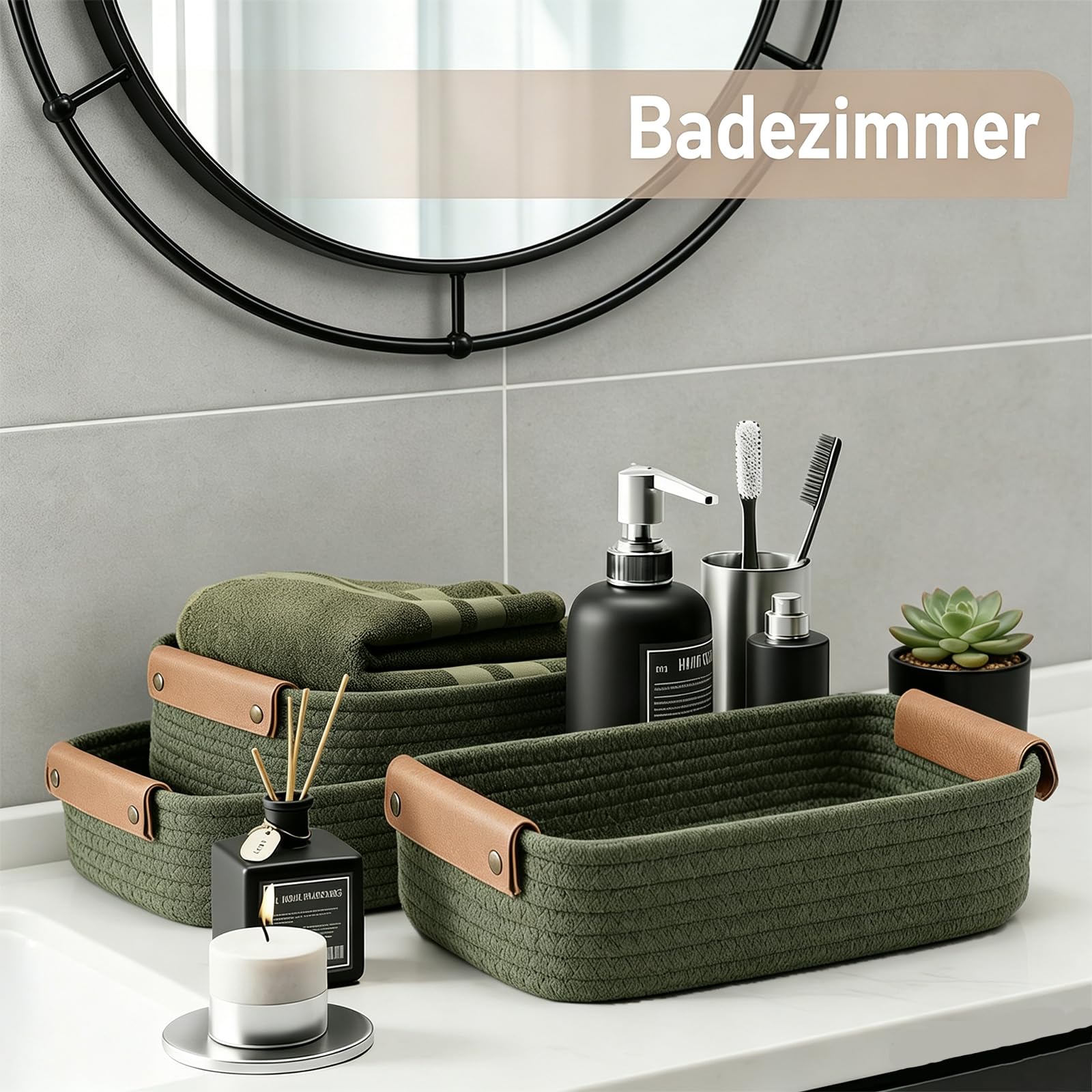 SVNR 5er-Set Aufbewahrungskörbe aus Geflecht, Verschachtelbare Aufbewahrungsboxen mit Lederoptik-Griffen, Organizer für Regal, Schrank, Badezimmer und Wohnzimmer, in Olivgrün.
