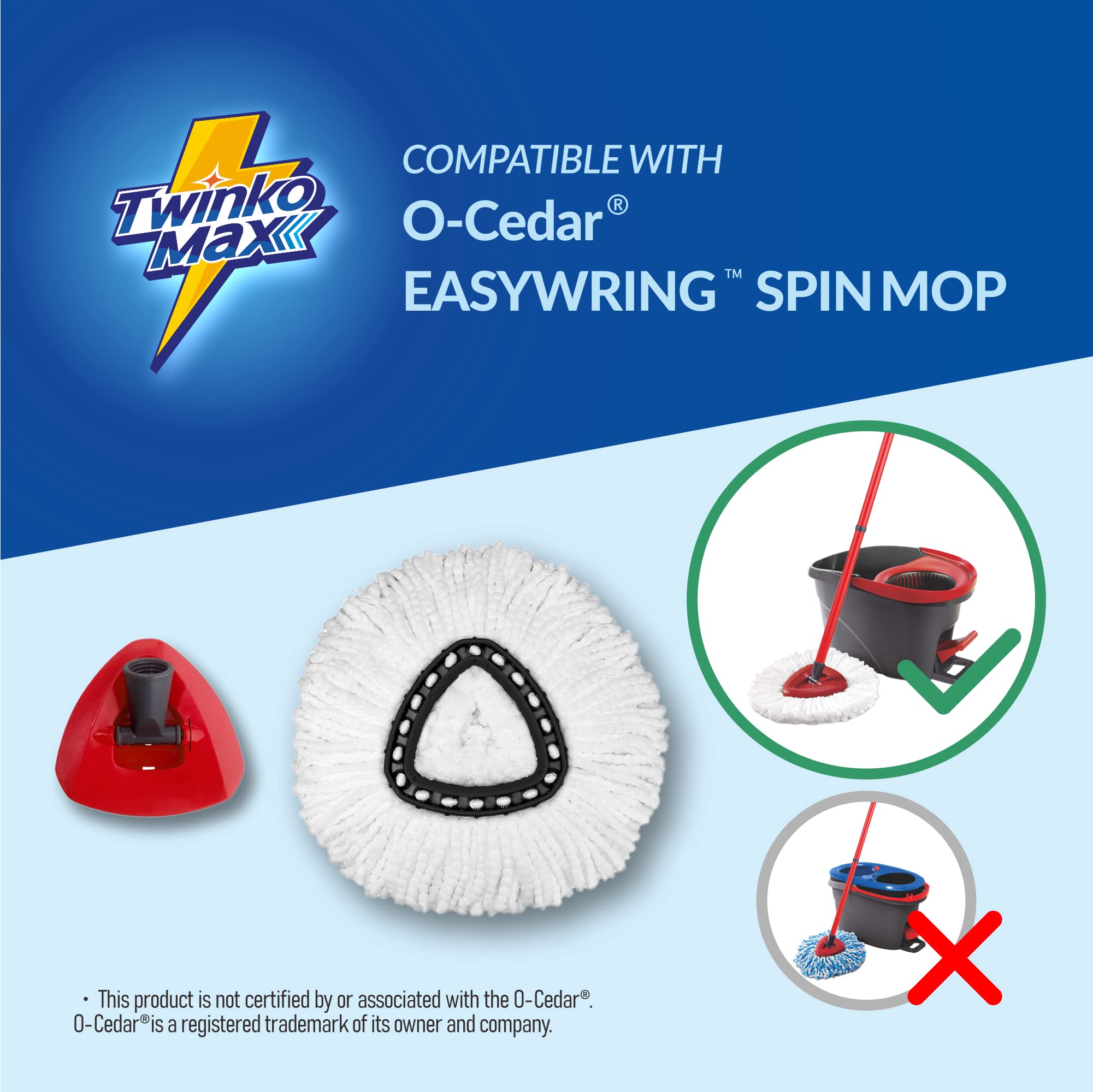 Twinko Max Kit de cabezal de fregona giratoria, compatible con el sistema de 1 tanque O-Cedar, trapeador giratorio triangular, paquete de 2 recambios de cabezal de fregona giratoria de microfibra, más
