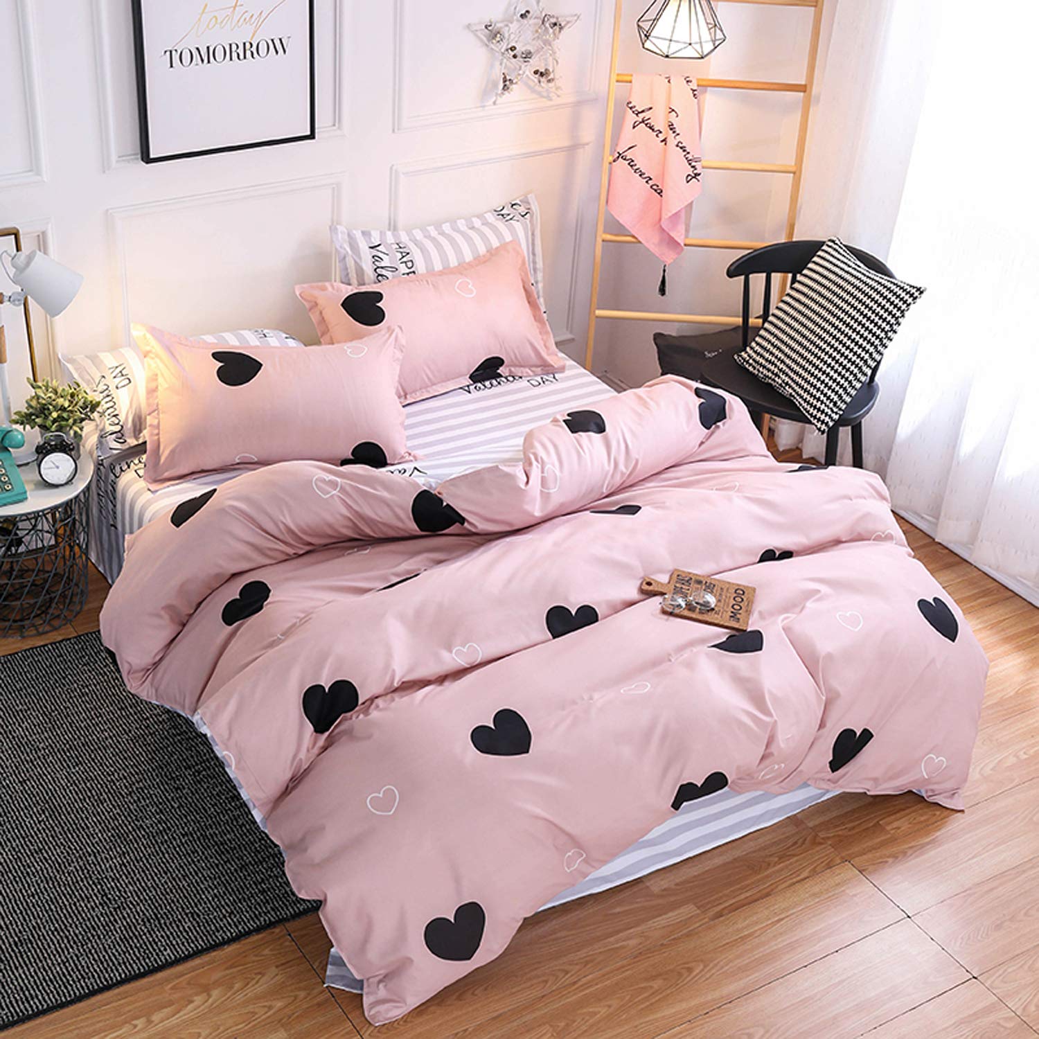 Pink Duvet Cover Full/Queen Size Love Heart Bedding Duvet Cover Lovely Warm Sweet Kids Girls Comforter Cover Love Heart Pattern Quilt Cover Soft Breathable Bed Cover Love Heart Printed Bedspread Cover