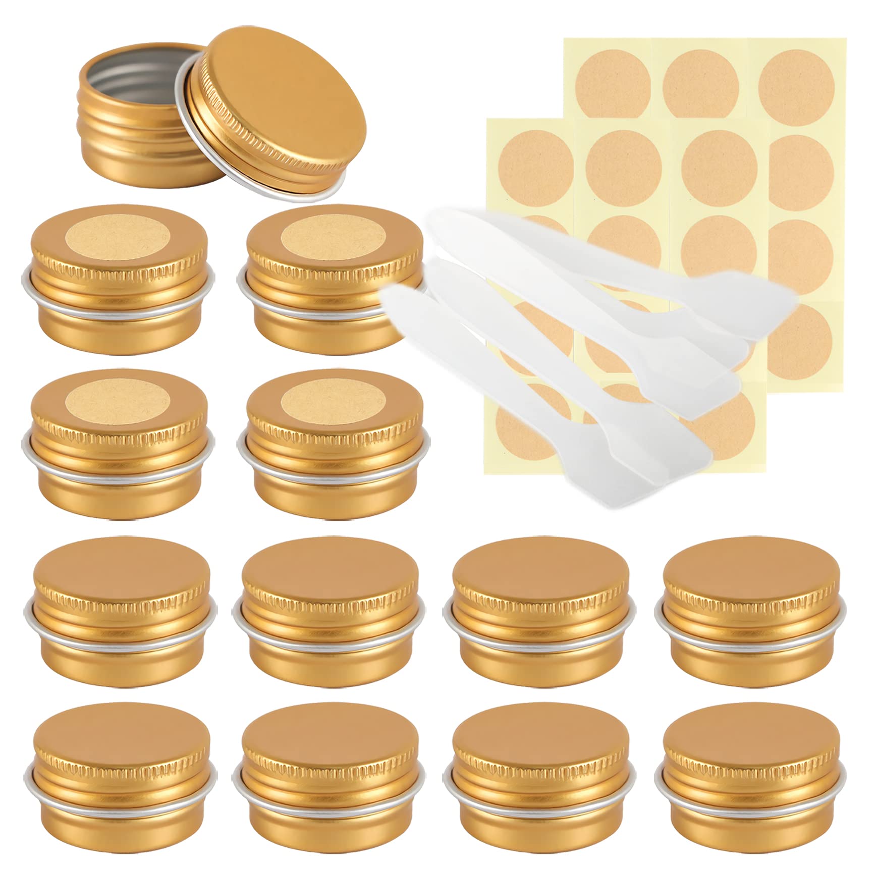 LusDoly Pack of 50 Empty 5ml Gold Aluminium Tins with Lids - Ø26x15mm Round Aluminum Screw Pots Travel Round Cosmetic Cream Container Jars for Candle Lip Balm, Salve with Spatulas & Labels