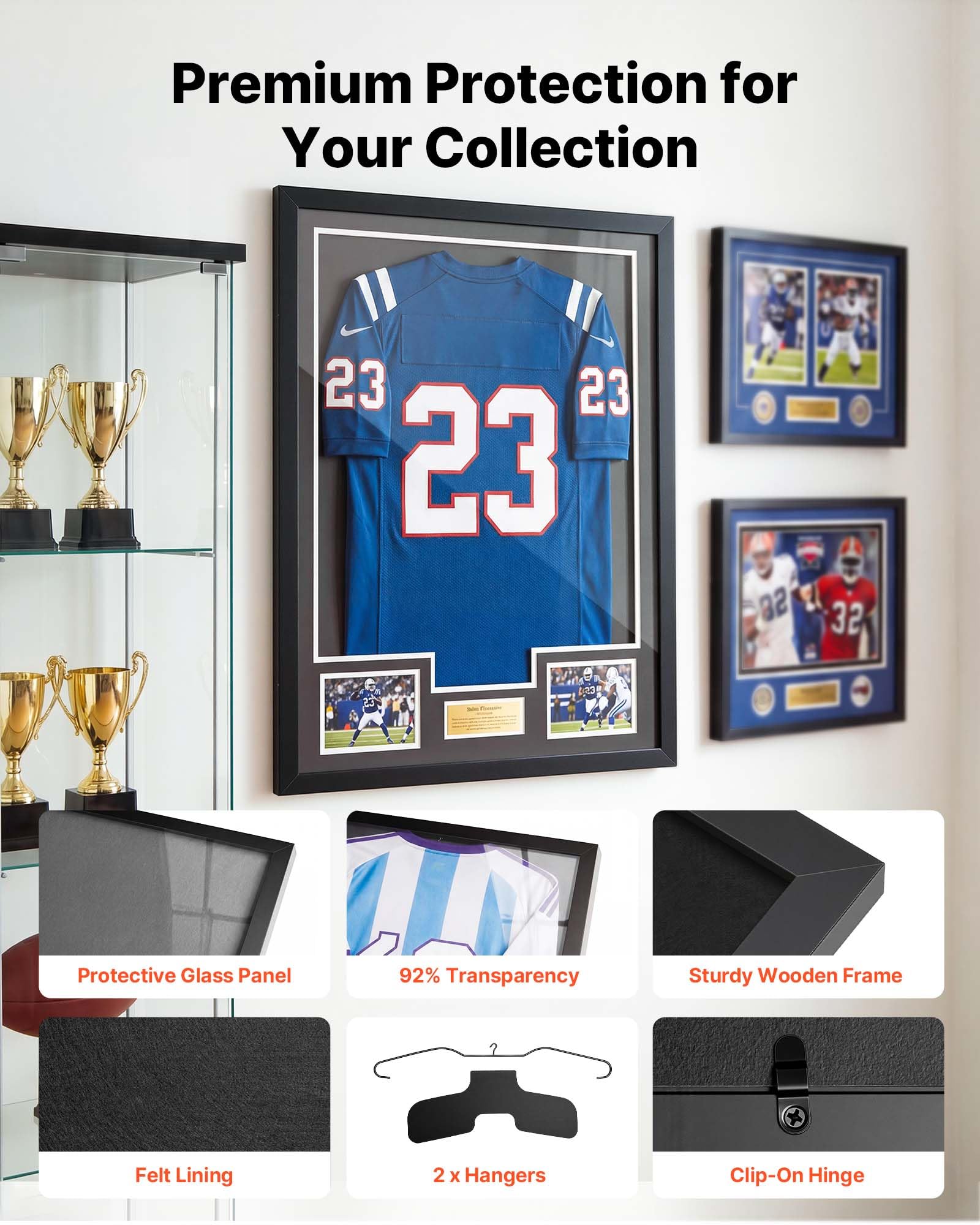 VEVOR Marco de Camisetas de Madera 70 x 90 x 3 cm, Vitrina para Camisetas Deportivas con Panel de Policarbonato con Protección UV, Expositor para Uniformes de Baloncesto, Fútbol, Béisbol, Negro