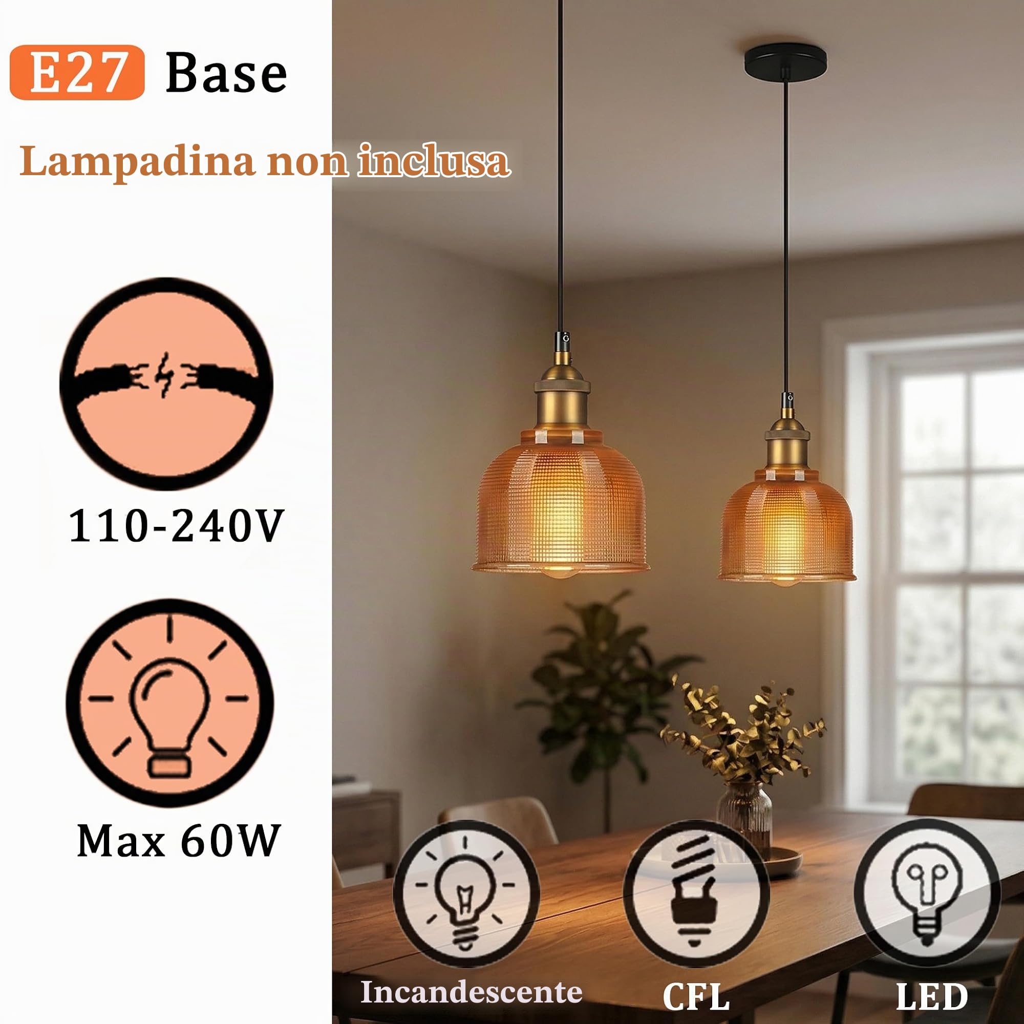 Lampadario Vintage in Vetro Rotondo e Ottone Antico, Industriale E27 Lampada a Sospensione da Soffitto per Cucina, Sala da Pranzo e Caffetteria (Ambra, 15cm)