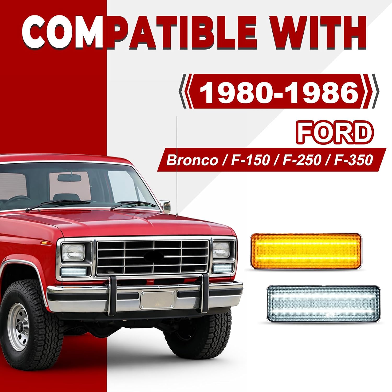 HECASA Pair Turn Signal Light LED Compatible with 1980-1986 Ford Bronco F150 F250 F350 Front Switchback Signal Lamp Plastic(ABS+PMMA) Clear Lens Left & Right Replacement for FO2520101 E1TZ13200A