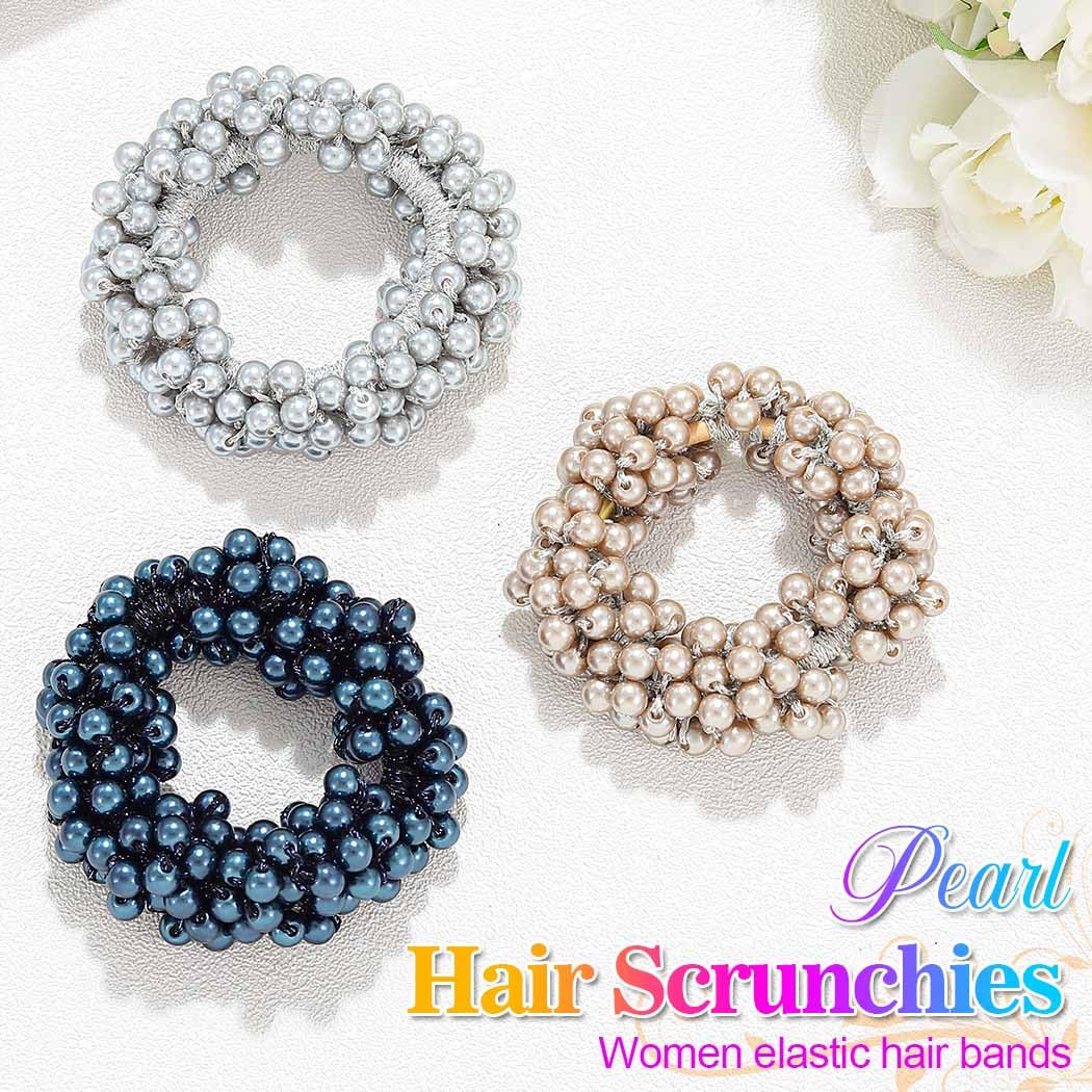 Reaky Pearl Hair Tie Blue Beaded Ponytail Holders Fancy Hair Scrunchies Decorative Hair Accessories for Women - Image 2