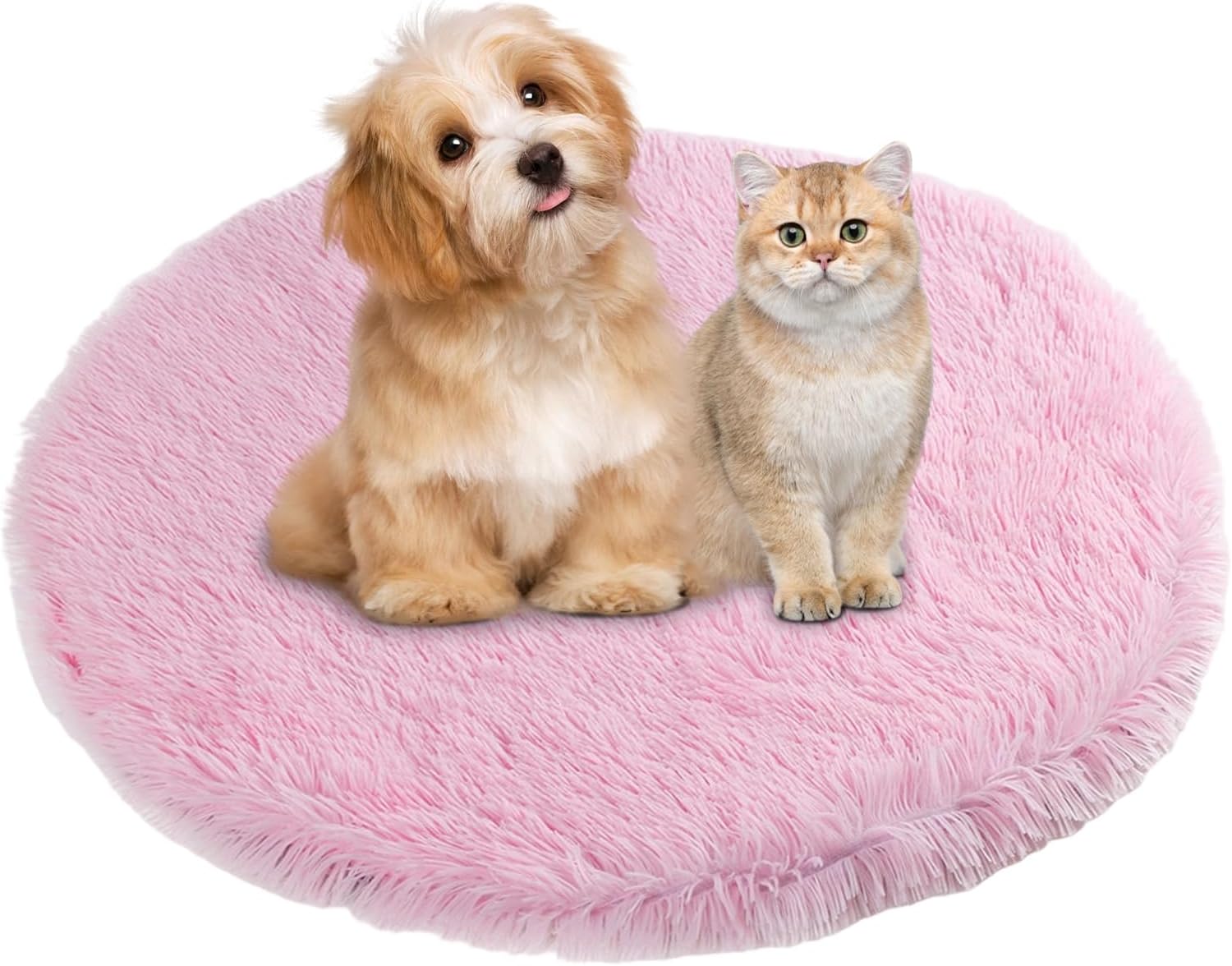 Round Calming Dog Bed Machine Washable Warm Anti-Anxiety Pet Bed Soft Plush Cushion for Small Medium Large Dogs and Cats, Light Pink, 15.7″ L x 15.7″ W