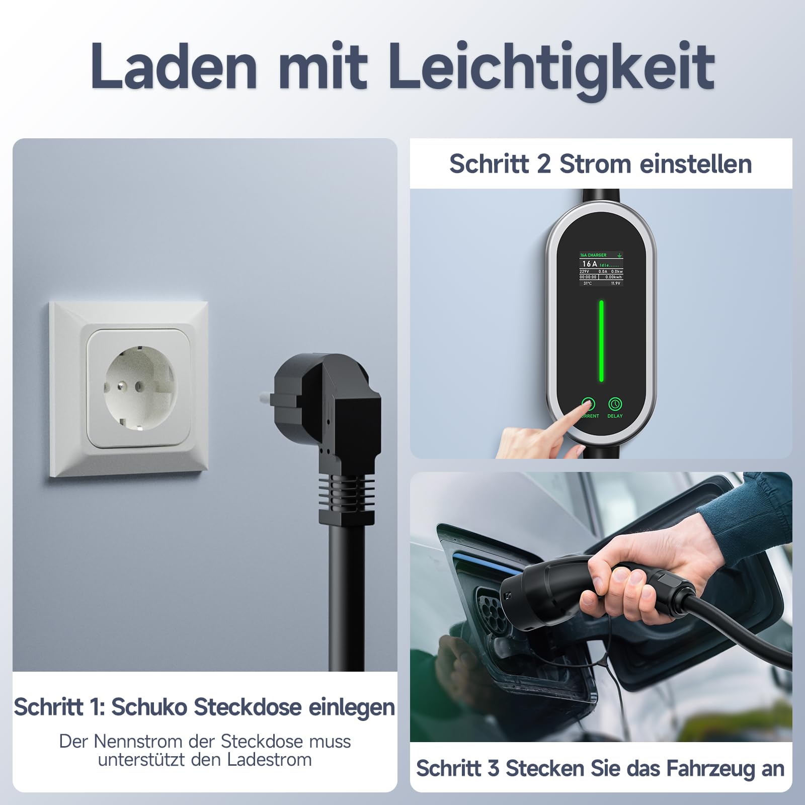 Typ 2 Ladekabel, 3,6kW Mobile Wallbox, 15M 6-16A EV Ladegerät Typ 2 Schuko, Tragbare Auto EV Charger Einstellbarer Strom & Verzögerungszeit, IP65 für EV PHEV IEC 62196-2