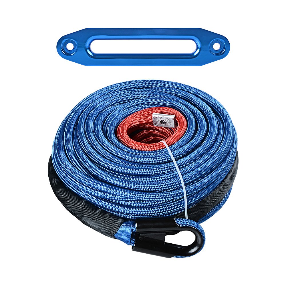 AMOPACORP Set Blue 95 feet x 3/8 inch Synthetic Winch Rope with All Heat Rock Guard and CNC Machine Aluminum 10 inch Hawse Fairlead for SUV Pick Up Truck Off-Road