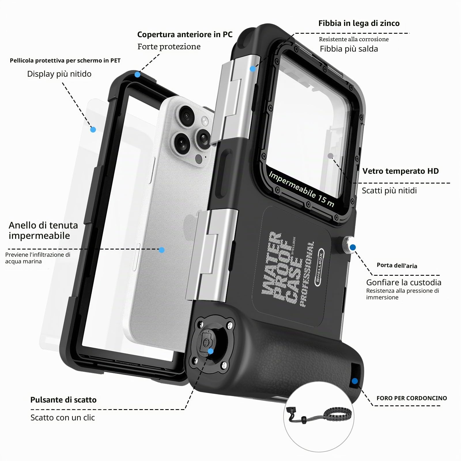 Custodia subacquea impermeabile per snorkeling e immersioni per iPhone 16/15/14/13/12/11 Pro Max 15m/50ft Custodia impermeabile professionale per immersioni subacquee Custodia per foto e