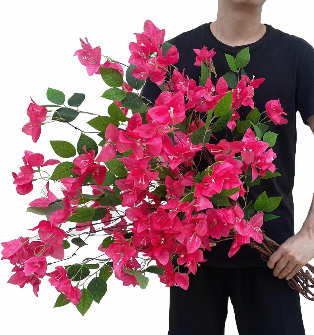 Artificial Bougainvillea Flower Branches Silk Bougainvillea Stems with Dried Tree Twigs Real Touch Faux Greenery Stems for Home Indoor Outdoor Decor Floral Bouquet Arrangements (Hot Pink - Pack of 4) - Image 2