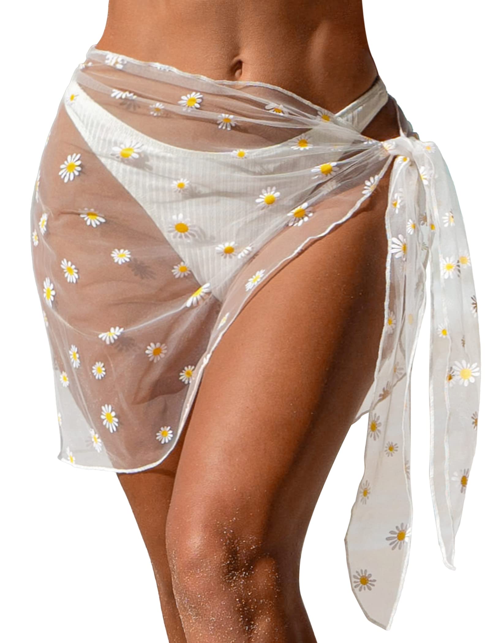 Ekouaer Womens Beach Short Sarongs Chiffon Cover Ups Sheer Bikini Wraps for Swimwear Daisy white S