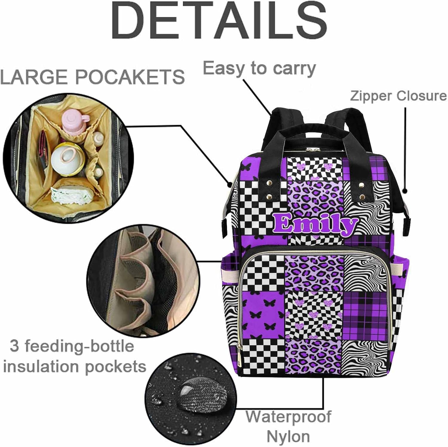 M YESCUSTOM Custom Name Mommy Backpack for Mom Wife Personalized Purple Splicing Pattern Diaper Bag Customized Travel Gift for Women