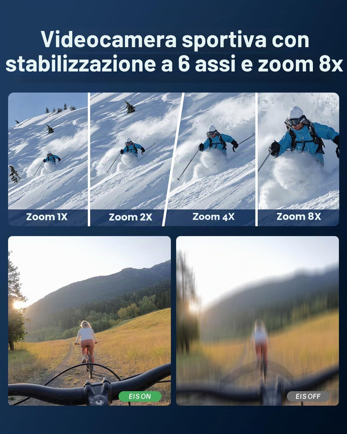 4K60FPS Action Camera 40M impermeabile subacquea con scheda SD da 64GB, stab. a 6 assi, fotocamera da moto con zoom 8x e telecomando 2,4GHz