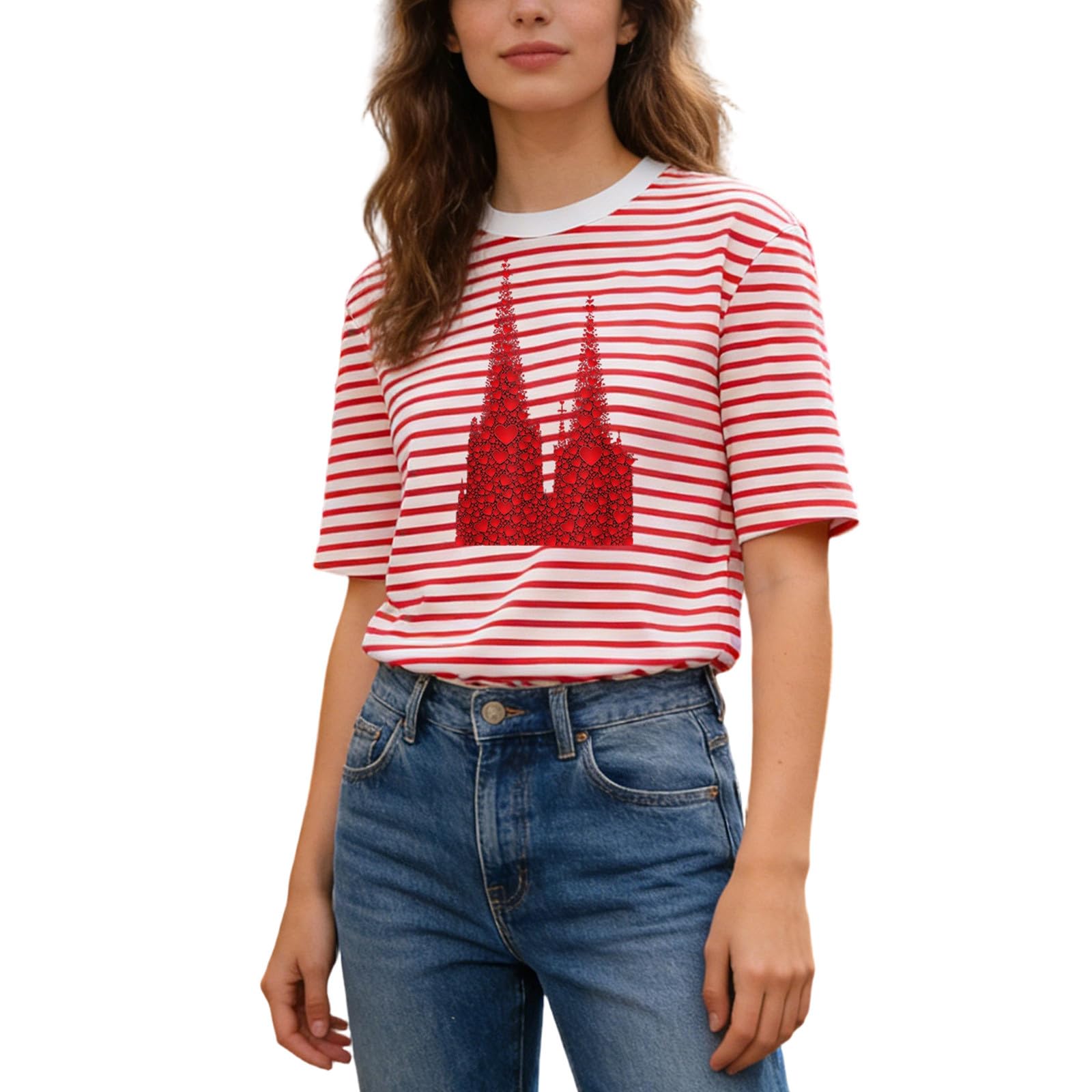 Zanisouta Striped Shirt Women's Red White Striped Short Sleeve Shirt Carnival T-Shirt Short Sleeve Blouse Crew Neck Tops Fancy Dress Sailor Costume Basic Casual Tops Fancy Dress Costumes, O Red, S