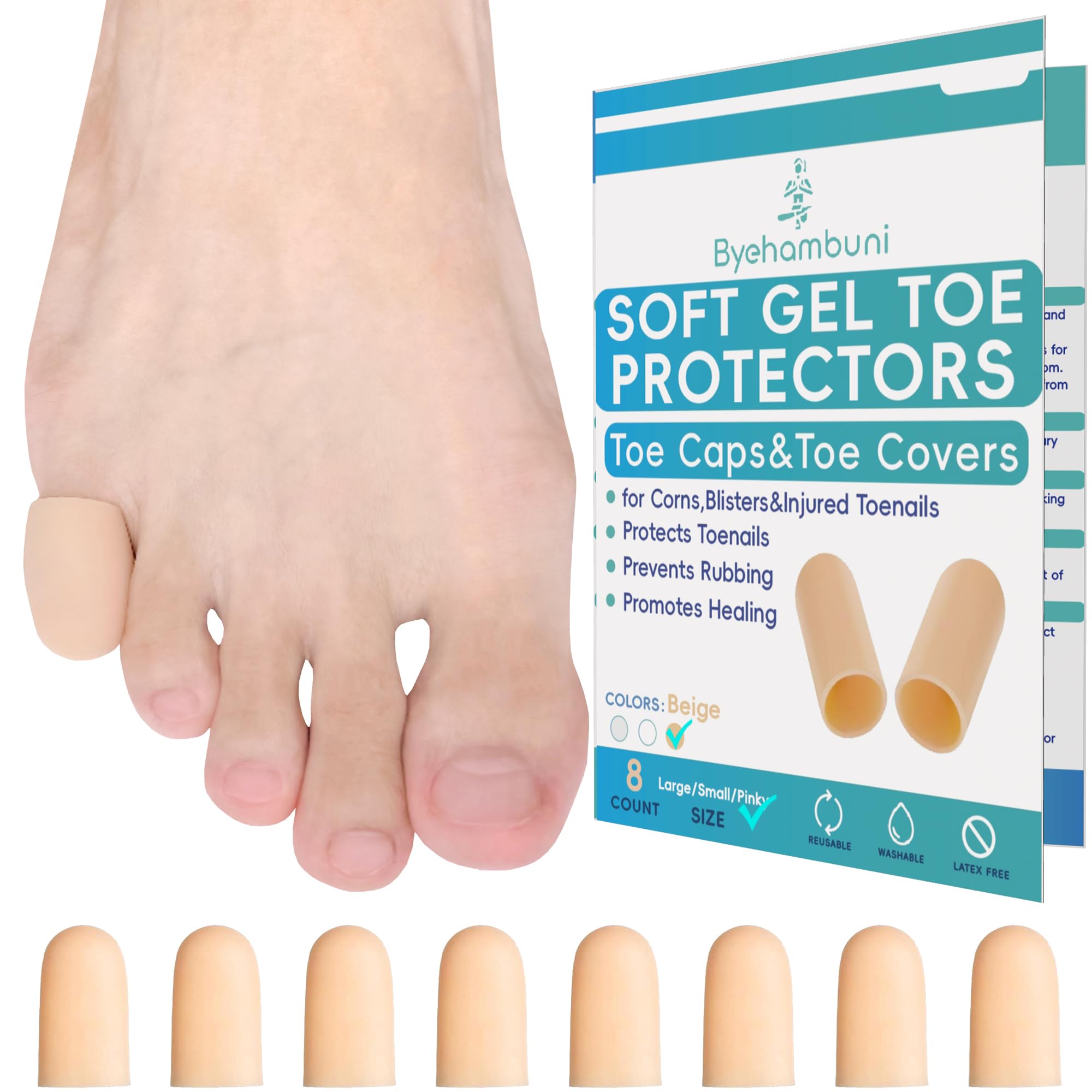 Byehambuni Paquete de 8 protectores de gel para los dedos de los pies, almohadillas para los dedos, mangas para los dedos, para mujeres y hombres, proporcionan alivio de uñas de los pies, callos,