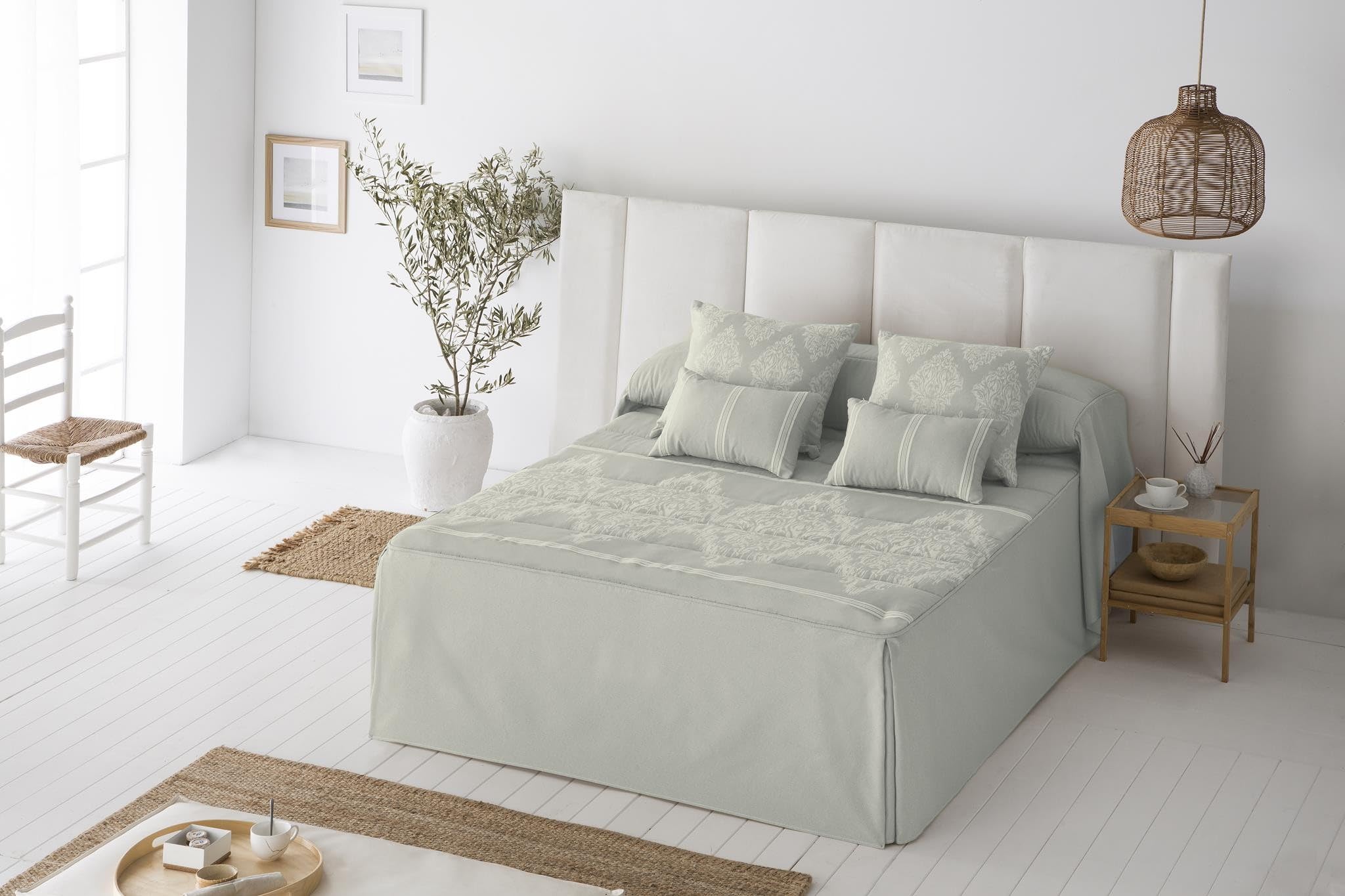 JVR | Cubrecolchón Acolchado Tamaño 135 con faldón para Cama, Protector y cubrecama Decorativo Elegante – Cubrecolchón Color Gris Proteger colchón y Toque Sofisticado